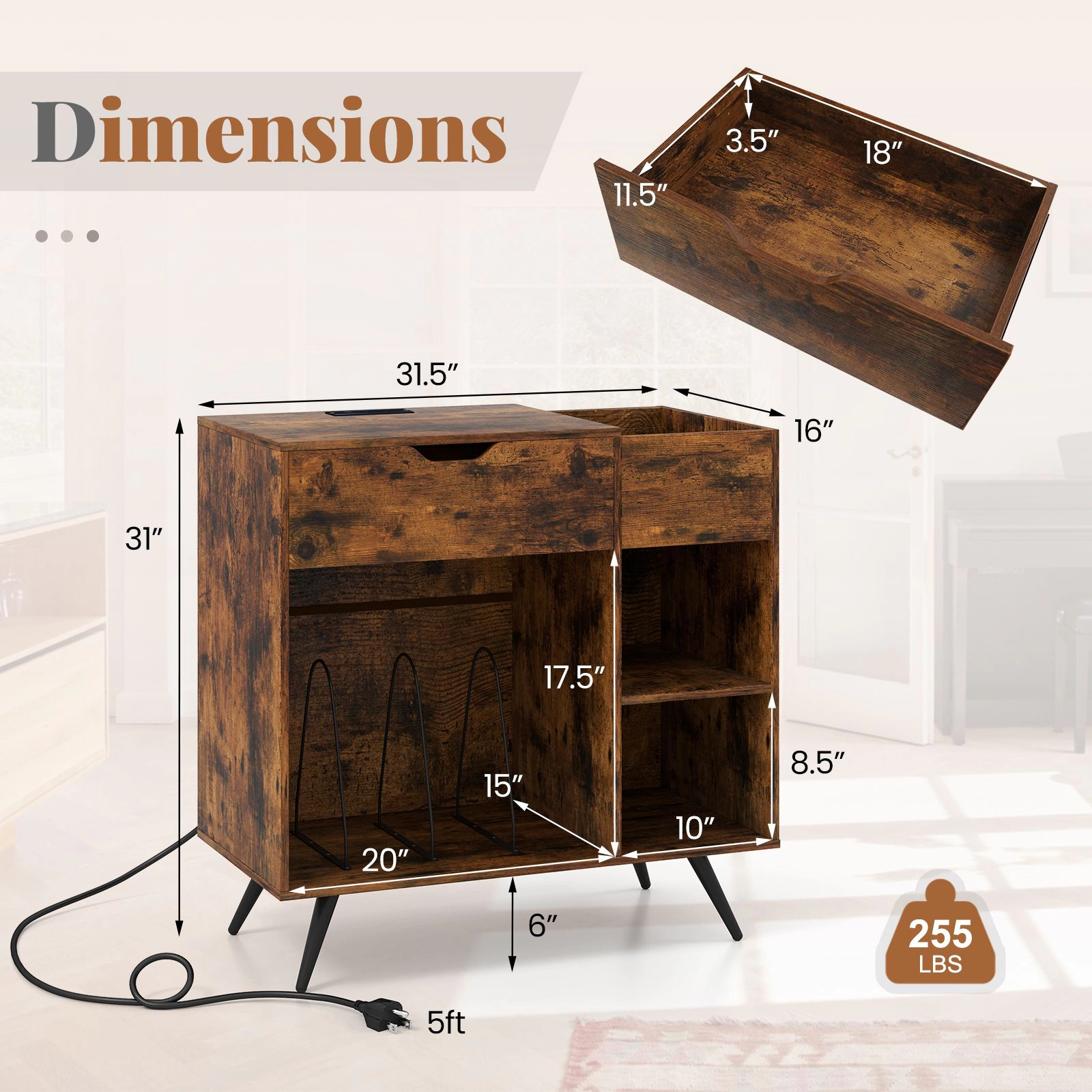 SlickBlue Record Player Stand with Power Outlet Vinyl Storage