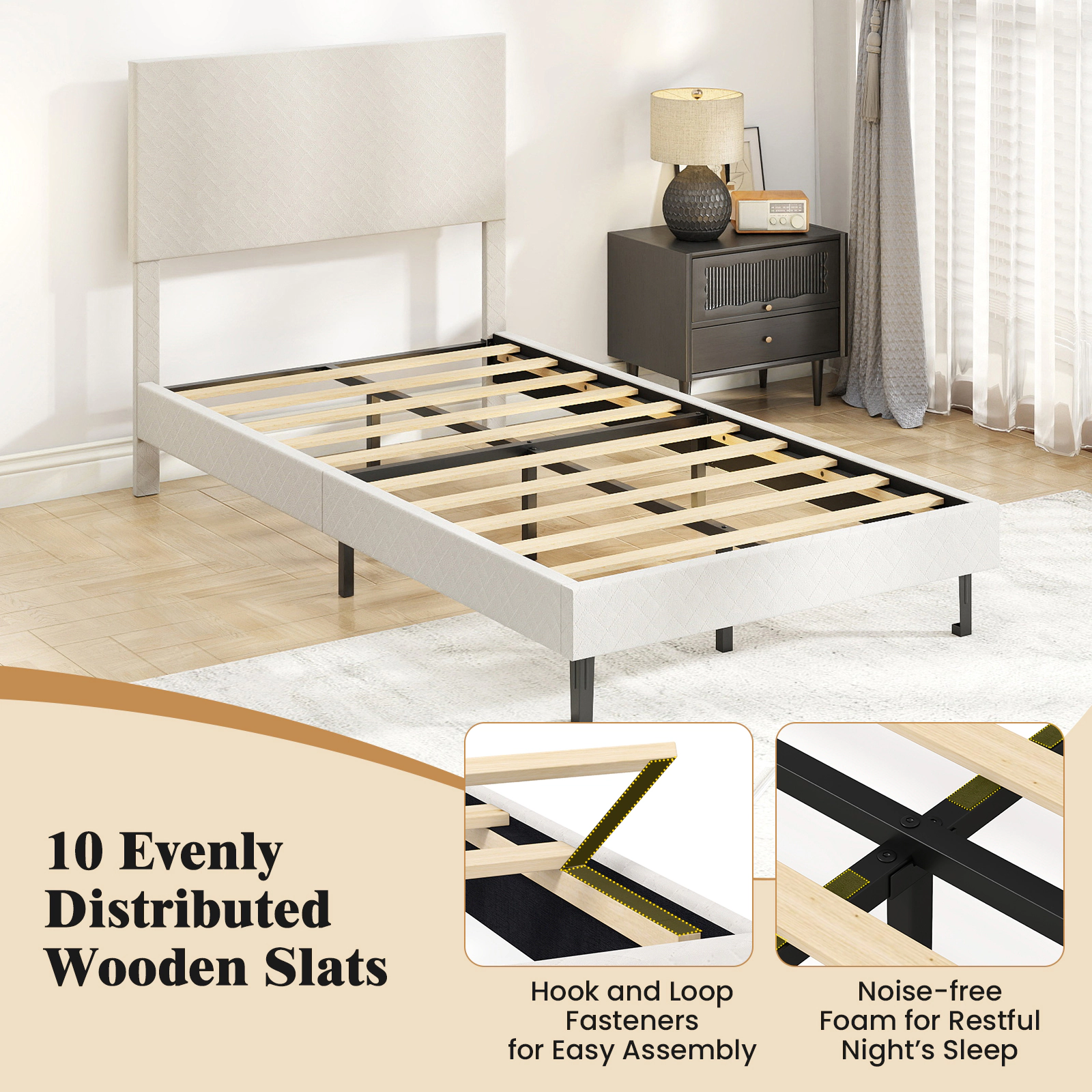 SUGIFT Height Adjustable Velvet Upholstered Twin Platform Bed Frame Chevron Headboard 500-lb Capacity 77.5-in Long Beige
