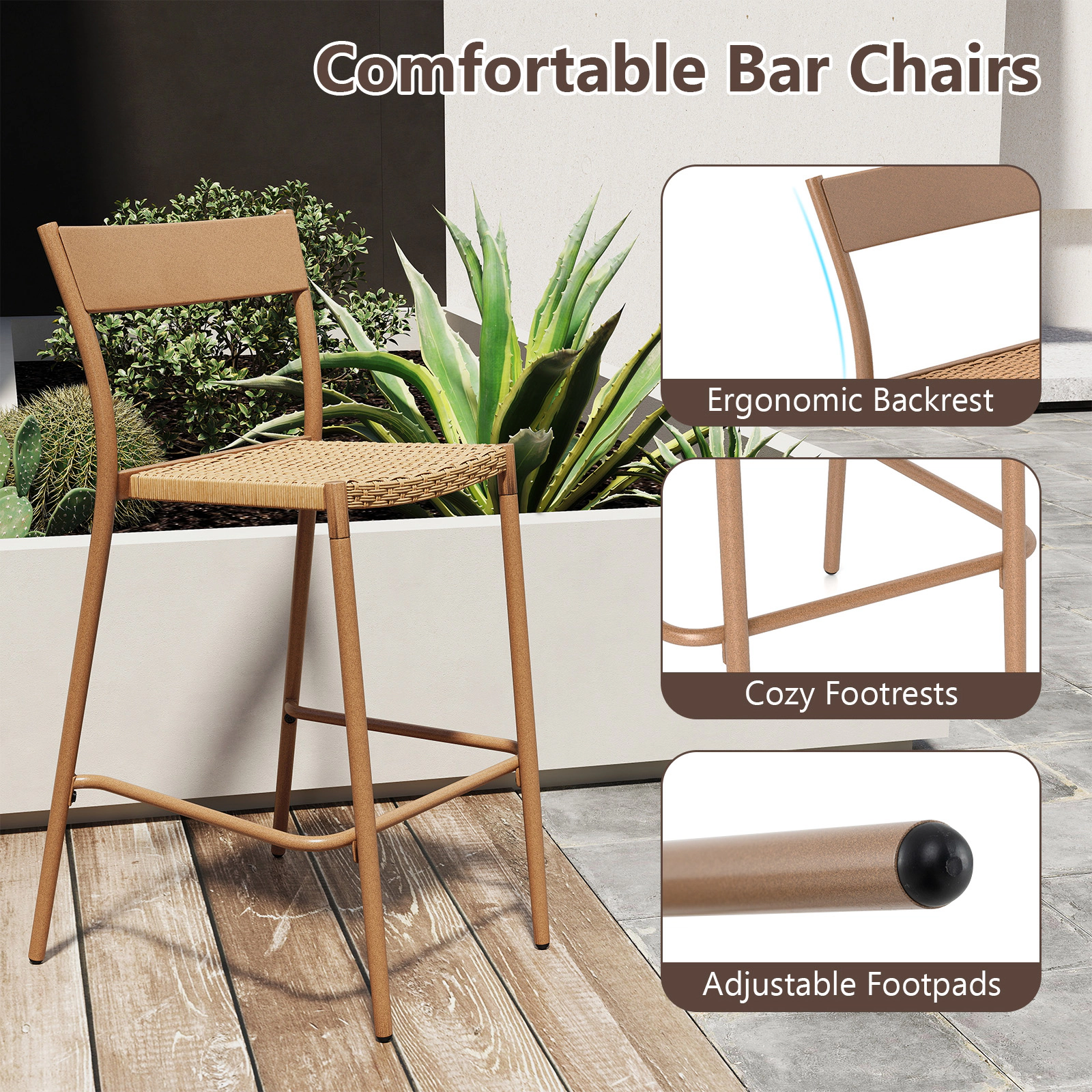 SUGIFT Woven Rattan Seat and Metal Backrest 360-lb Set of 2 Light Brown Patio Bar Stools