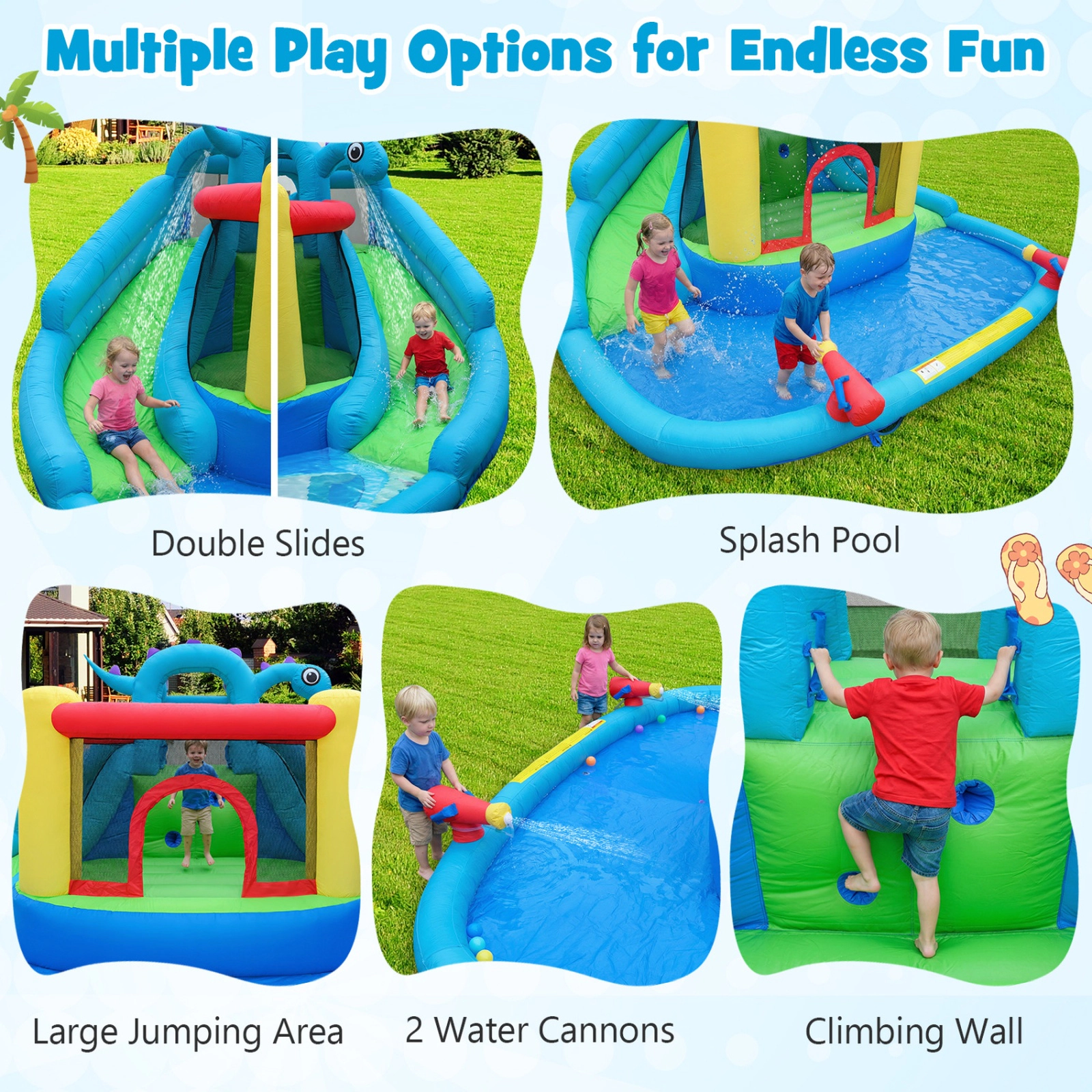 SUGIFT Dinosaur Inflatable Bounce House with Double Water Slides 2 Water Cannons and 860W Blower