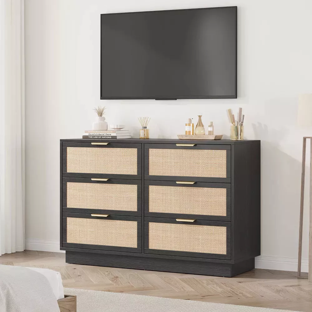 Rattan 6 Drawer Dresser with Metal Handles, 47" Wide Double Storage Chest for Bedroom Home Office