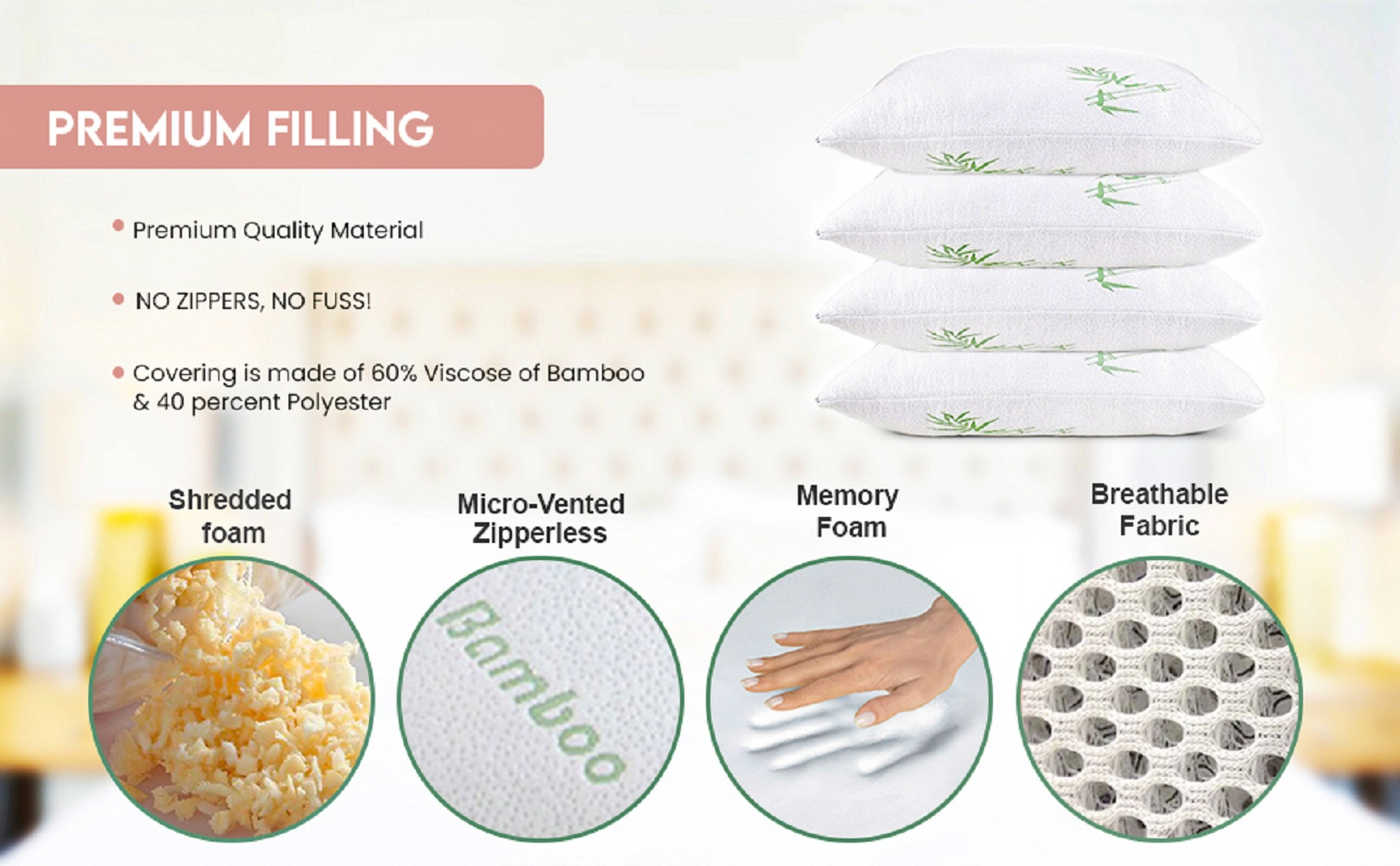 J&V TEXTILES Bamboo Memory Foam Bed Pillow (King Single Pack)