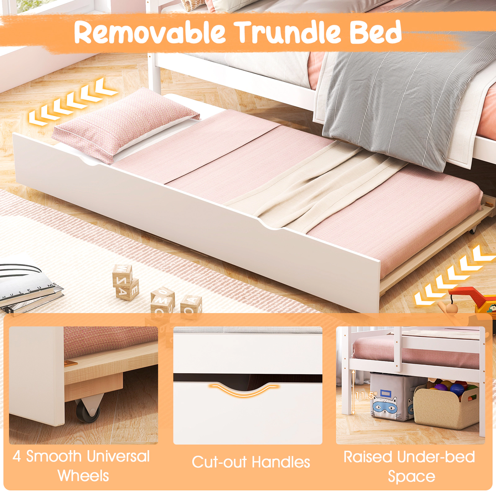 SUGIFT White 4-Step Storage Stairs Trundle and Guardrail Kids Wood Bunk Bed