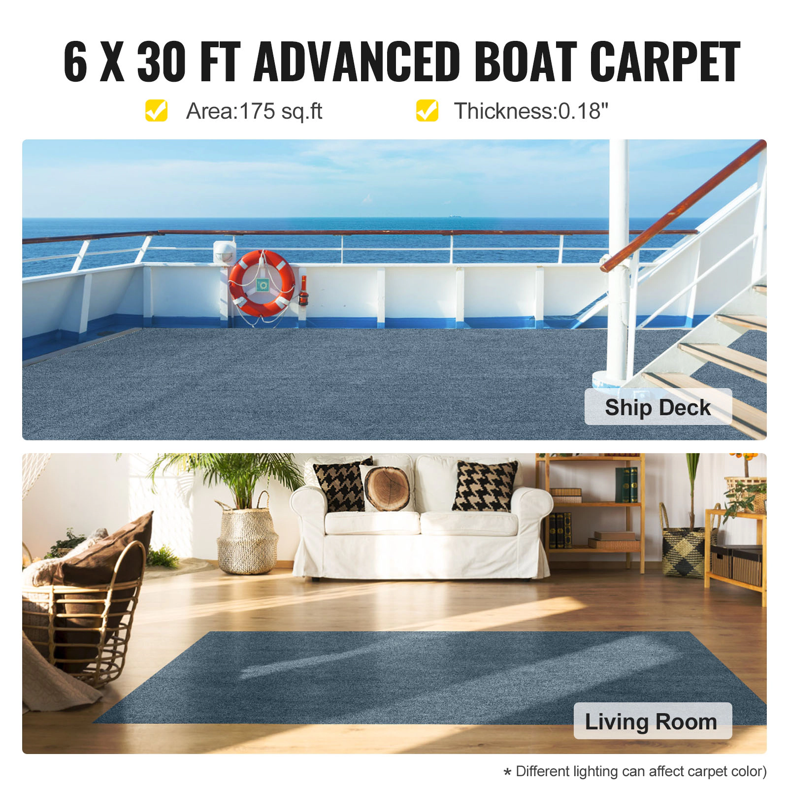 HONGGE Gray Marine Carpet 6 ft Boat Carpet Rugs Indoor Outdoor Rugs for Patio Deck Anti-Slide TPR Water-Proof Back