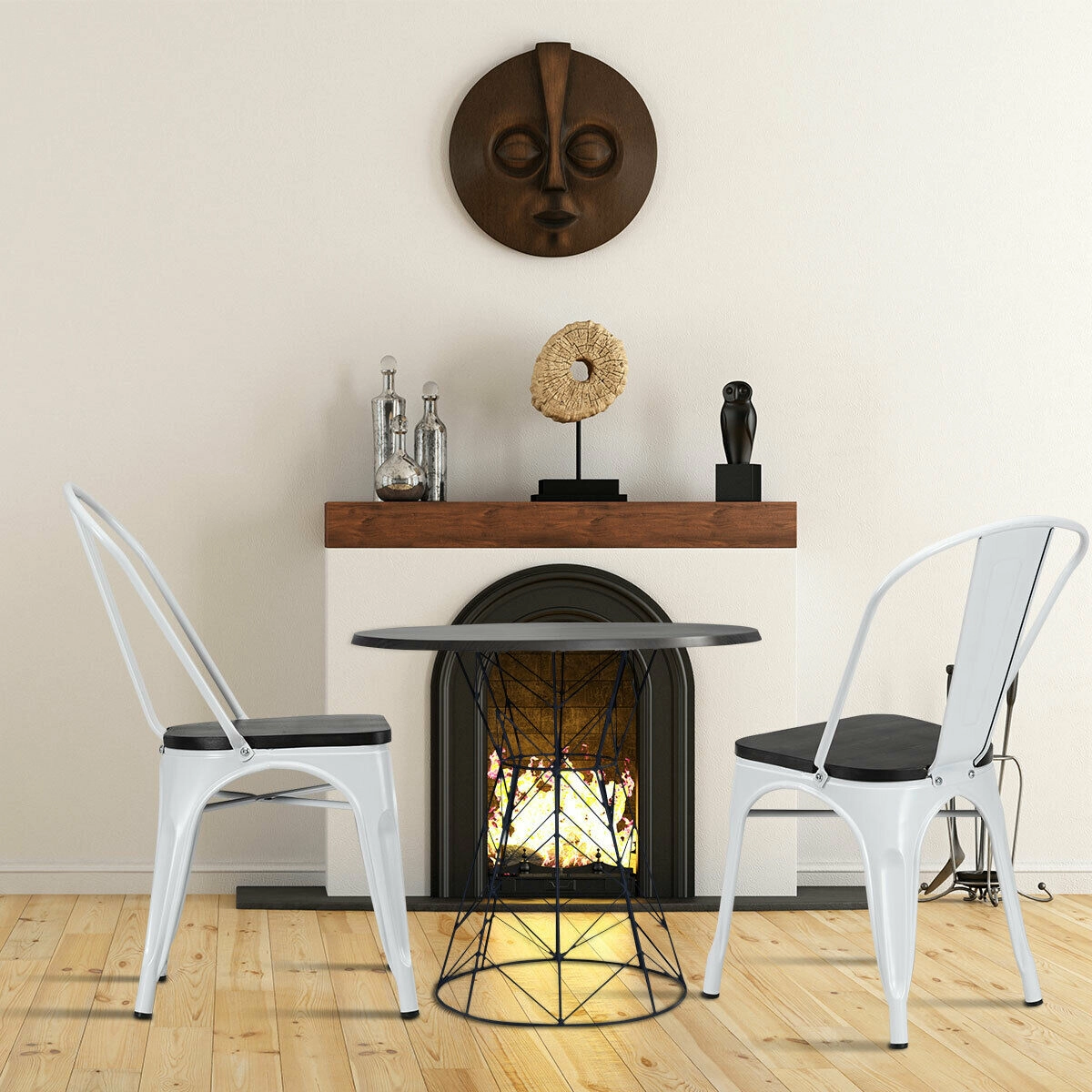 LJG 4 Pieces Tolix Style Metal Dining Side Chair Stackable Wood Seat