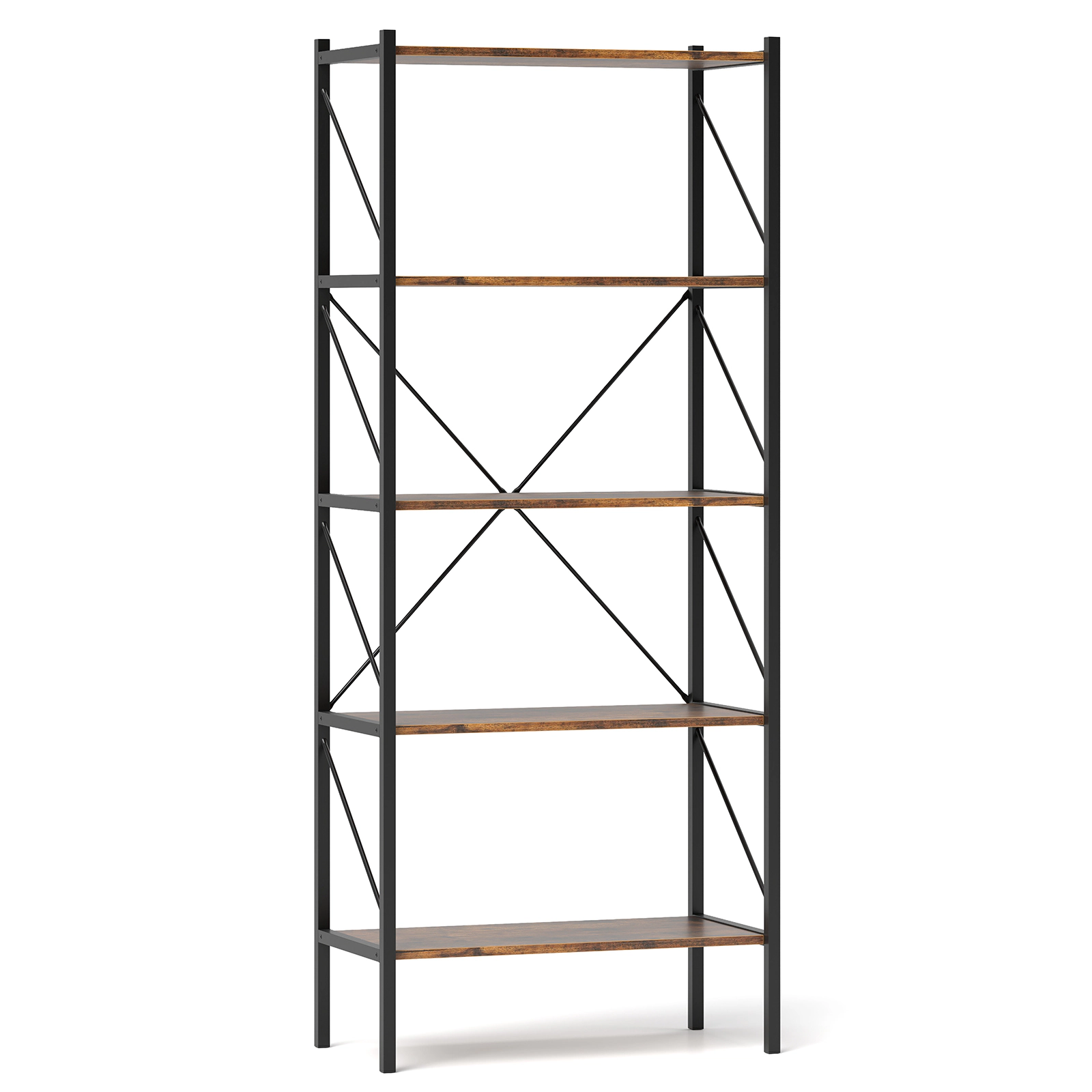 SUGIFT Rustic Brown 5-Tier Bookshelf 63 in with Heavy-Duty Metal Frame