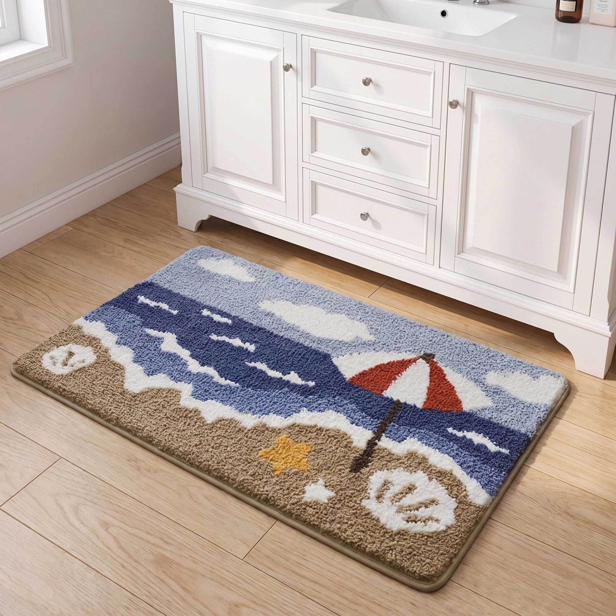 Alilang Unisex Coastal Beach Scene Plush Bathroom Mat with Umbrella and Ocean Wave Design
