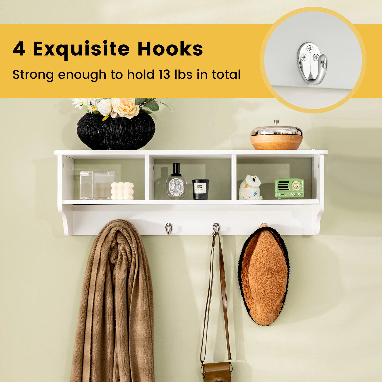 SUGIFT Wall Mount Cubby Organizer White Entryway Storage Shelf with 4 Hooks