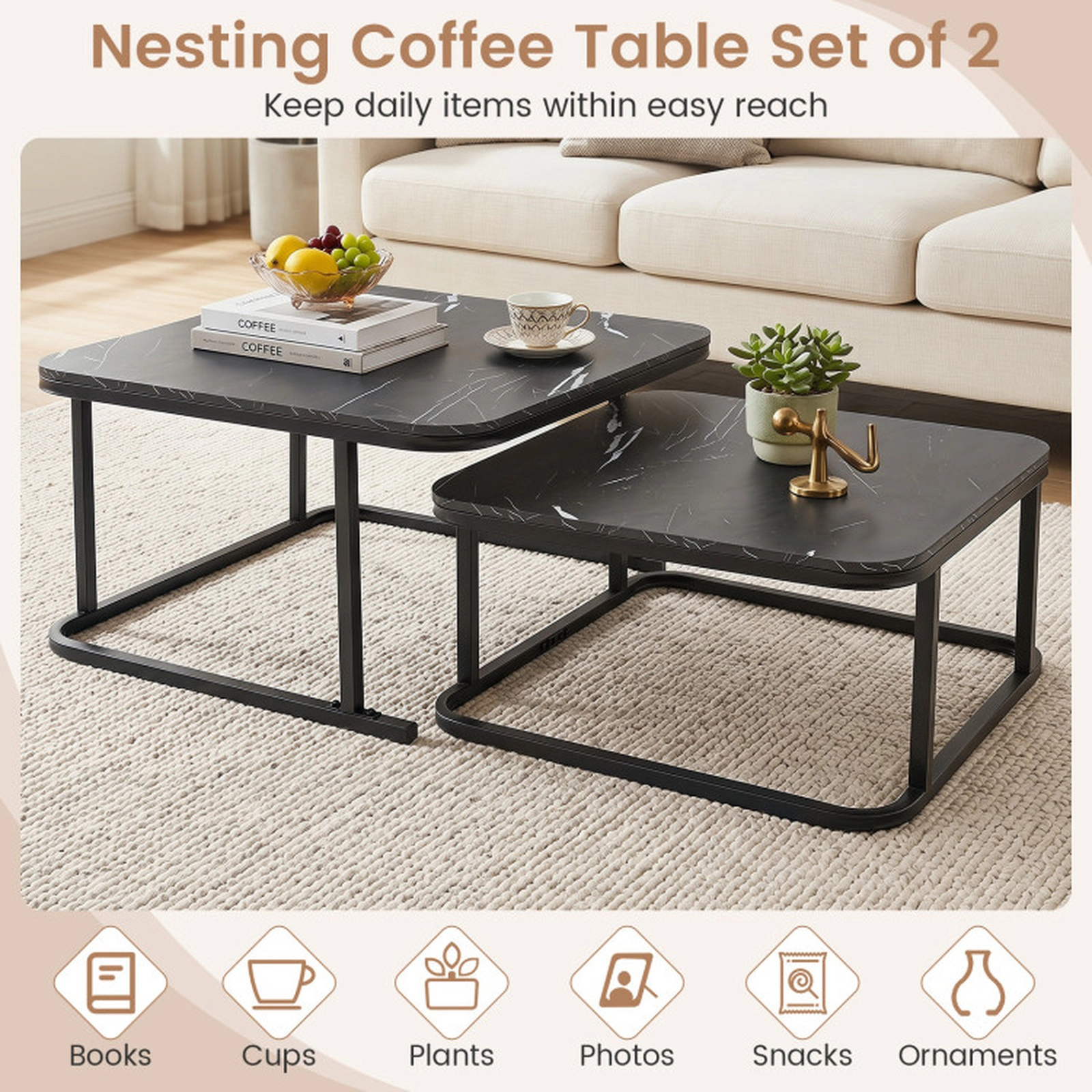 SUGIFT Set of 2 Nesting Faux Marble Top Metal Frame Coffee Tables 27.5-in x 27.5-in x 16-in 66-lb Capacity Black