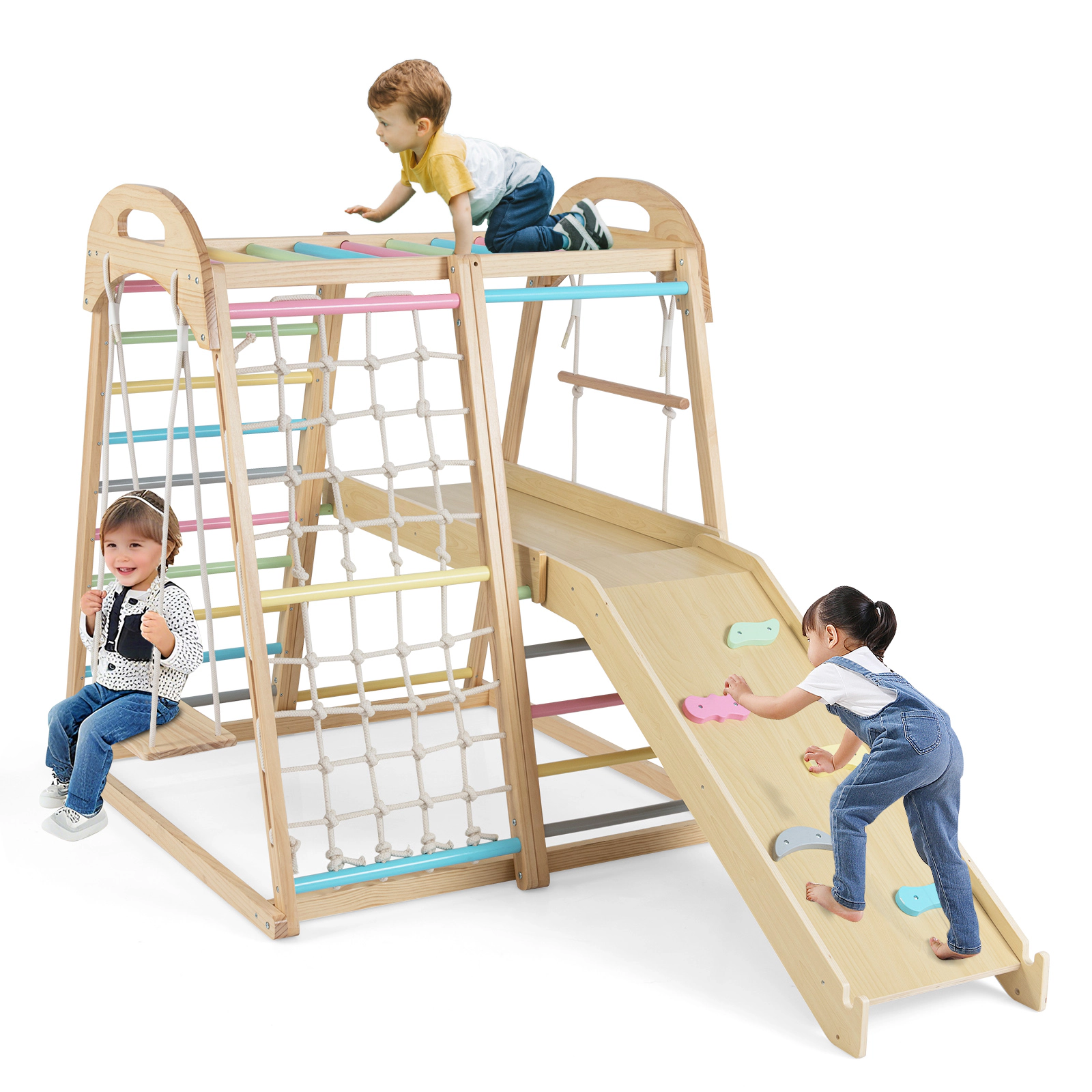 LJG 8-in-1 Jungle Gym Wooden Montessori Climber Playset with Slide and Monkey Bar for Kids 3-5 Years Old