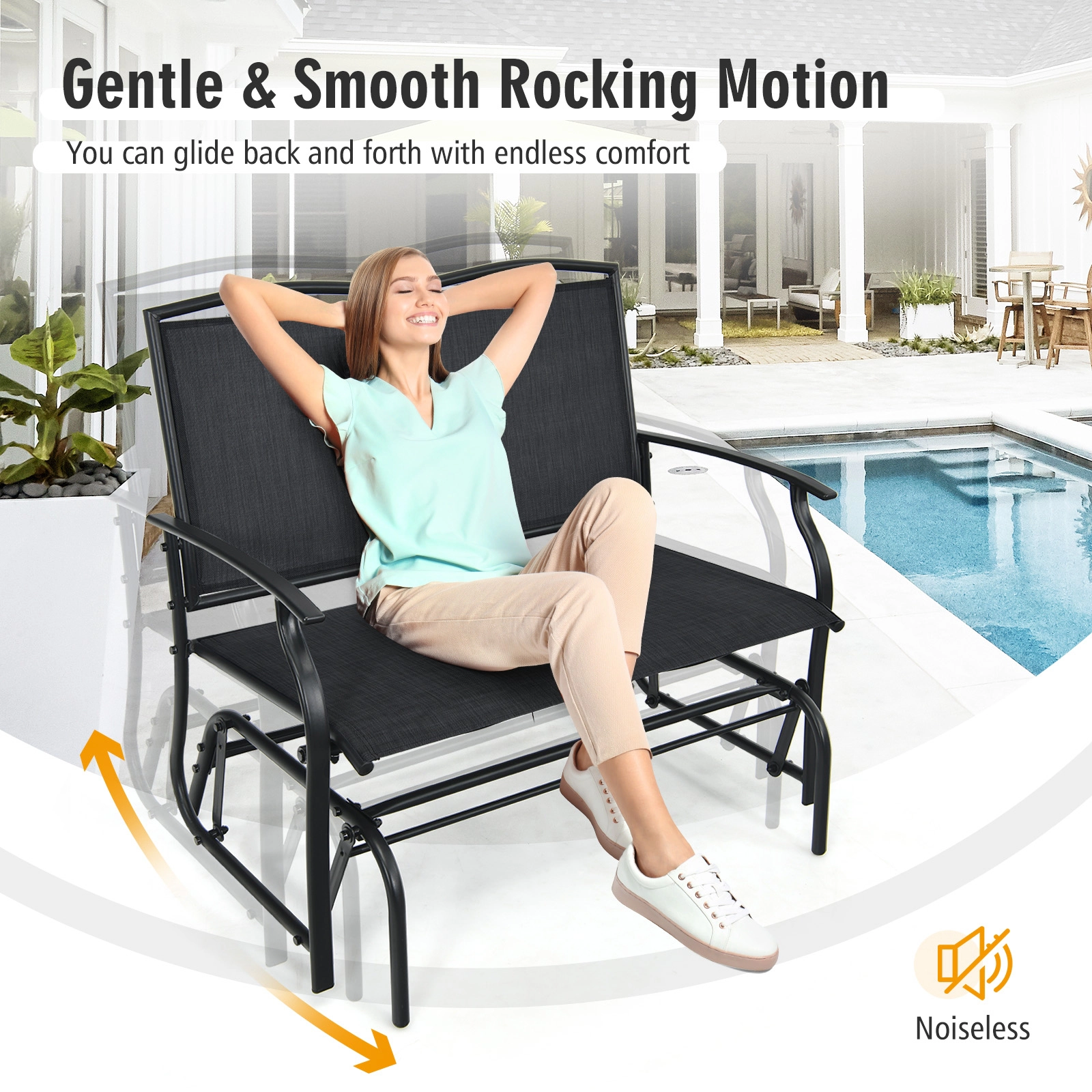 SUGIFT Black Textilene Seat for Backyard and Lawn 2-Person Iron Patio Rocking Bench