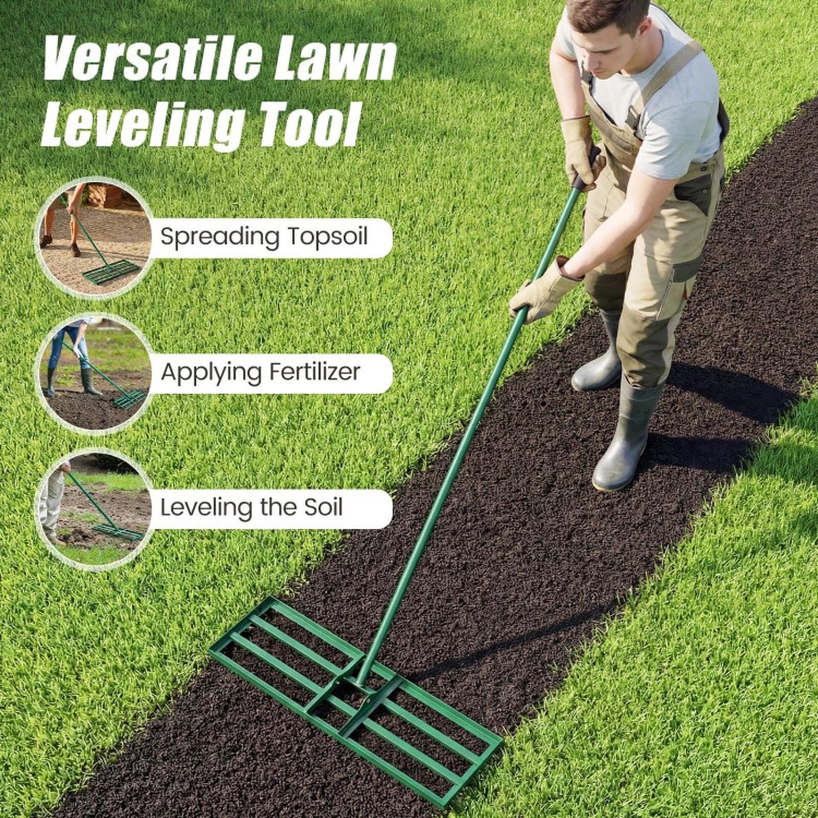 SUGIFT Heavy Duty Lawn Level Tool Leveling Rake with 69-in Handle Green Black Silver