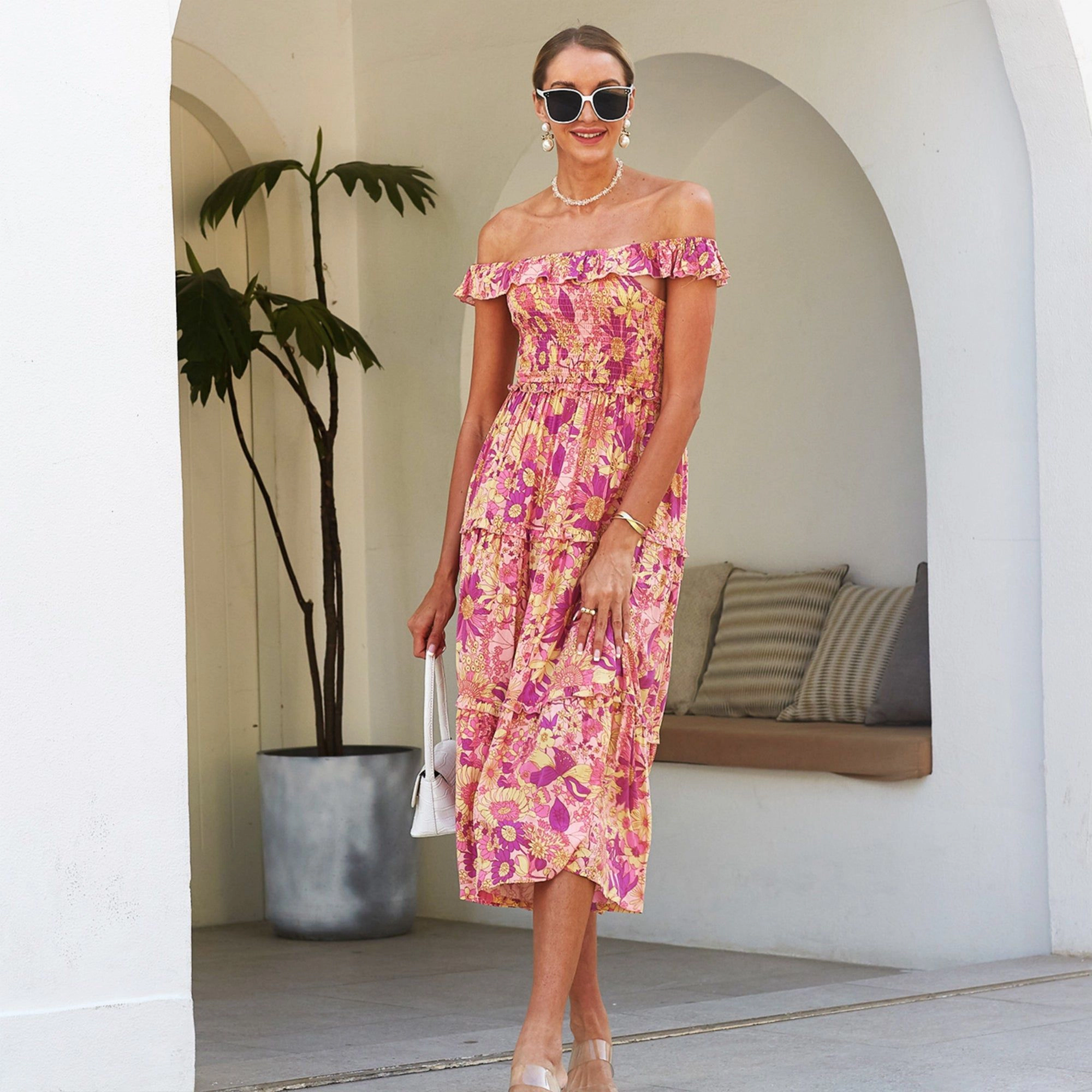 Anna-Kaci Women's Smocked Chest Ruffle Strap Floral Print Hem Maxi Dress