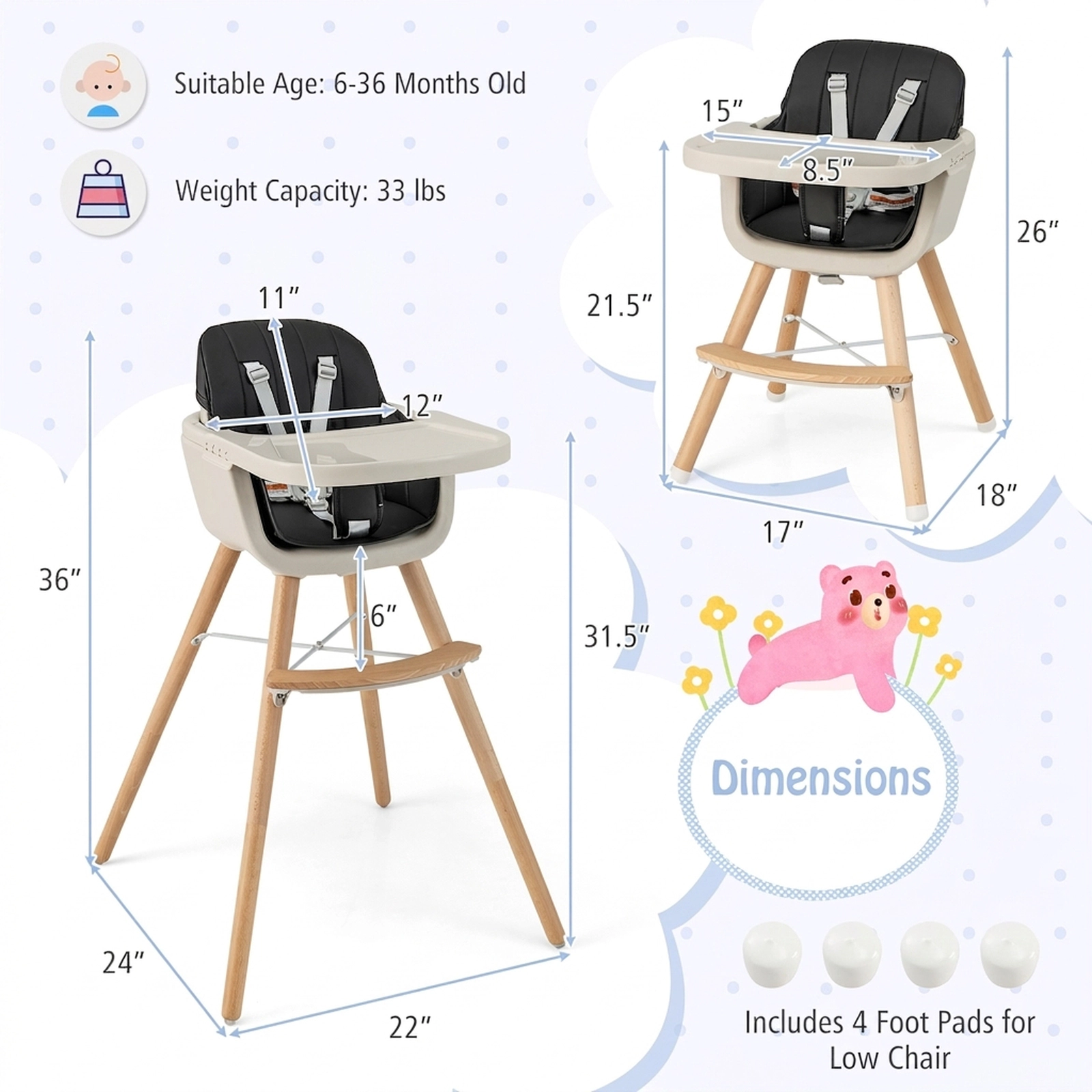 3-in-1 Convertible High Chair for Babies and Toddlers with Food-Grade PP Tray Dual Safety Baffle and Beech Wood Legs
