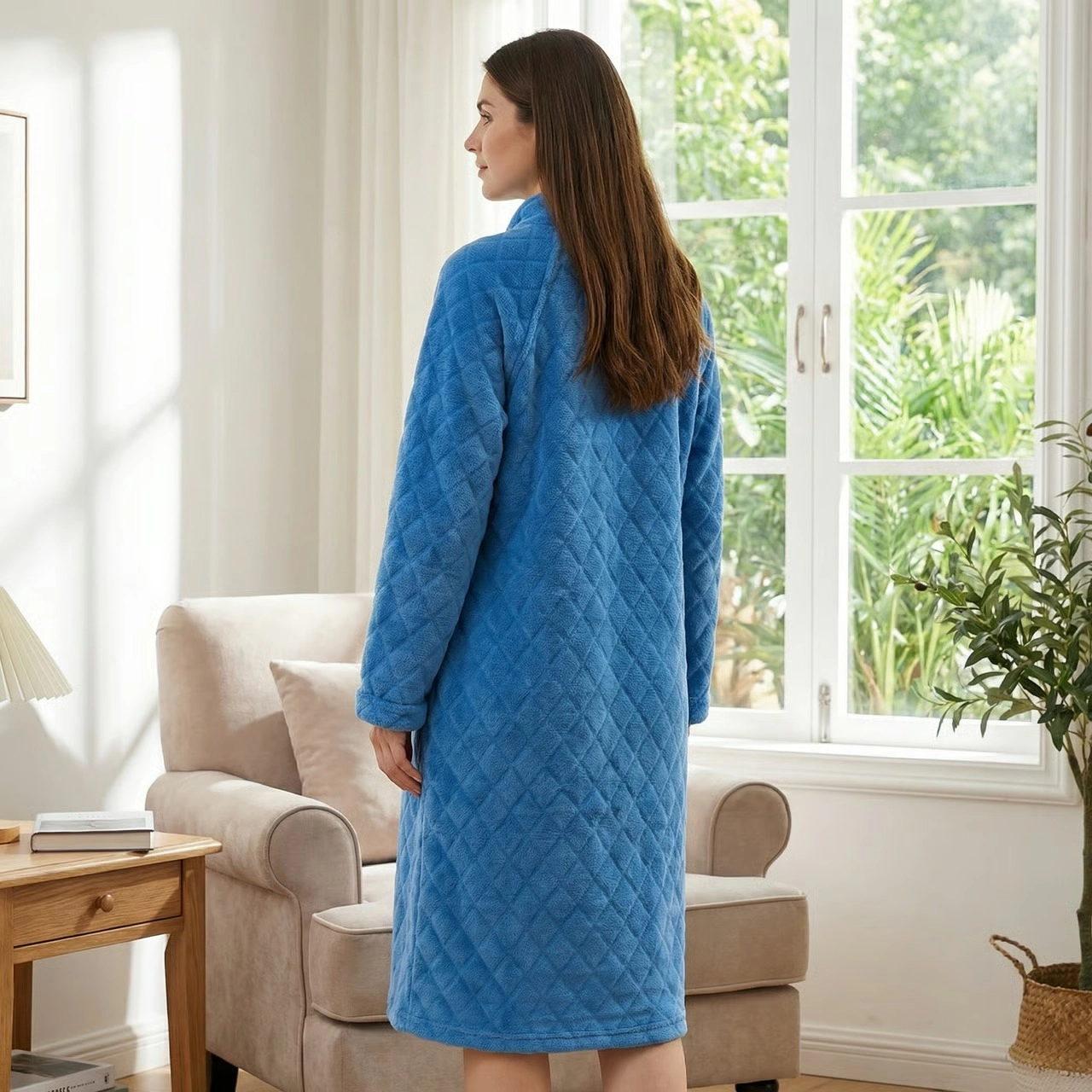 Loungees Plush Fleece Robe Royal Blue, Mid Length Zip Front Bathrobe with Shawl Collar, Soft Coral House