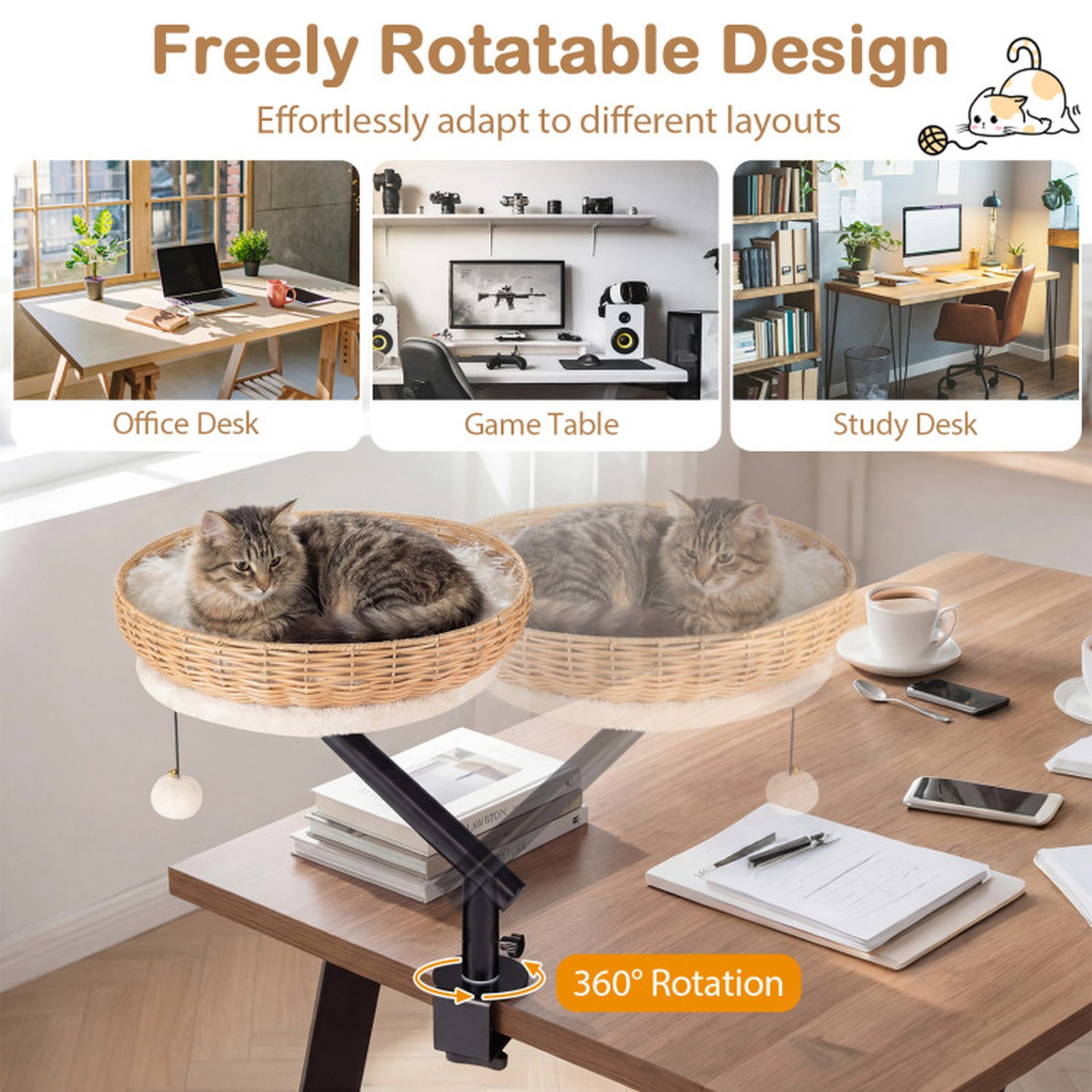 SUGIFT 16 x 19.5-in 22-lb Capacity Natural PE Rattan Cat Desk Bed with Removable Plush Cushion and Jingling Ball