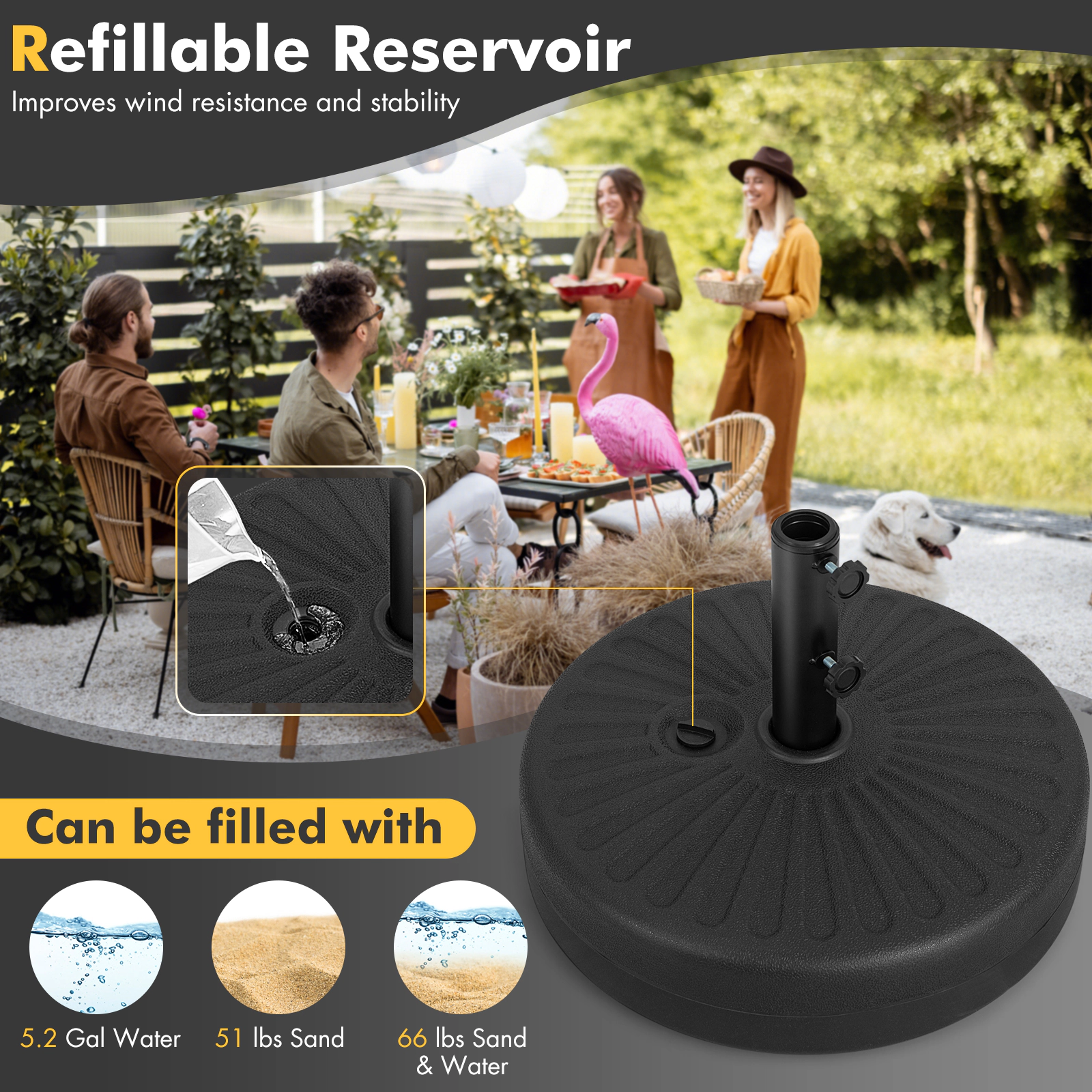 Slickblue Fillable Patio Umbrella Base Stand Black for 9 to 10 Ft Market Umbrellas