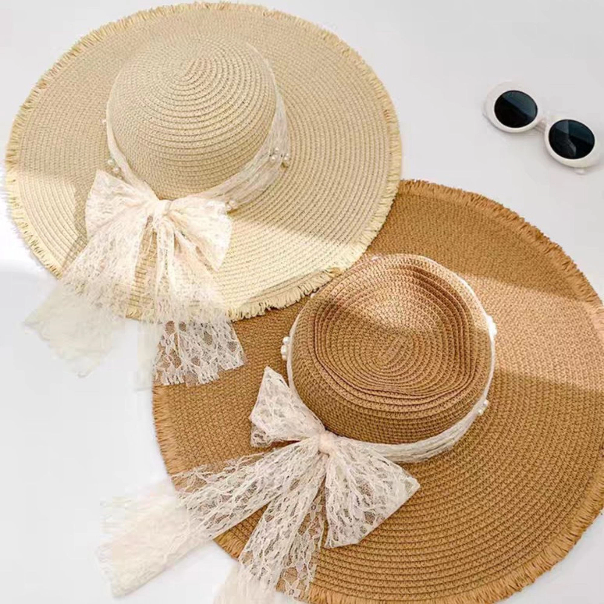 Anna-Kaci Women's Wide Brim Sun Hat with Lace Band and Frayed Edge