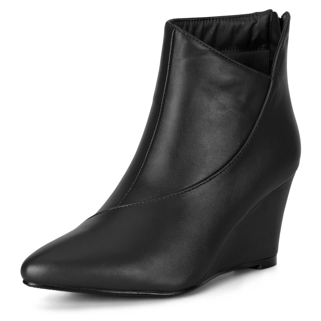 BLISSFUL STEP Women PU Leather Pointed Toe Zipper Wedge Heel Ankle Booties
