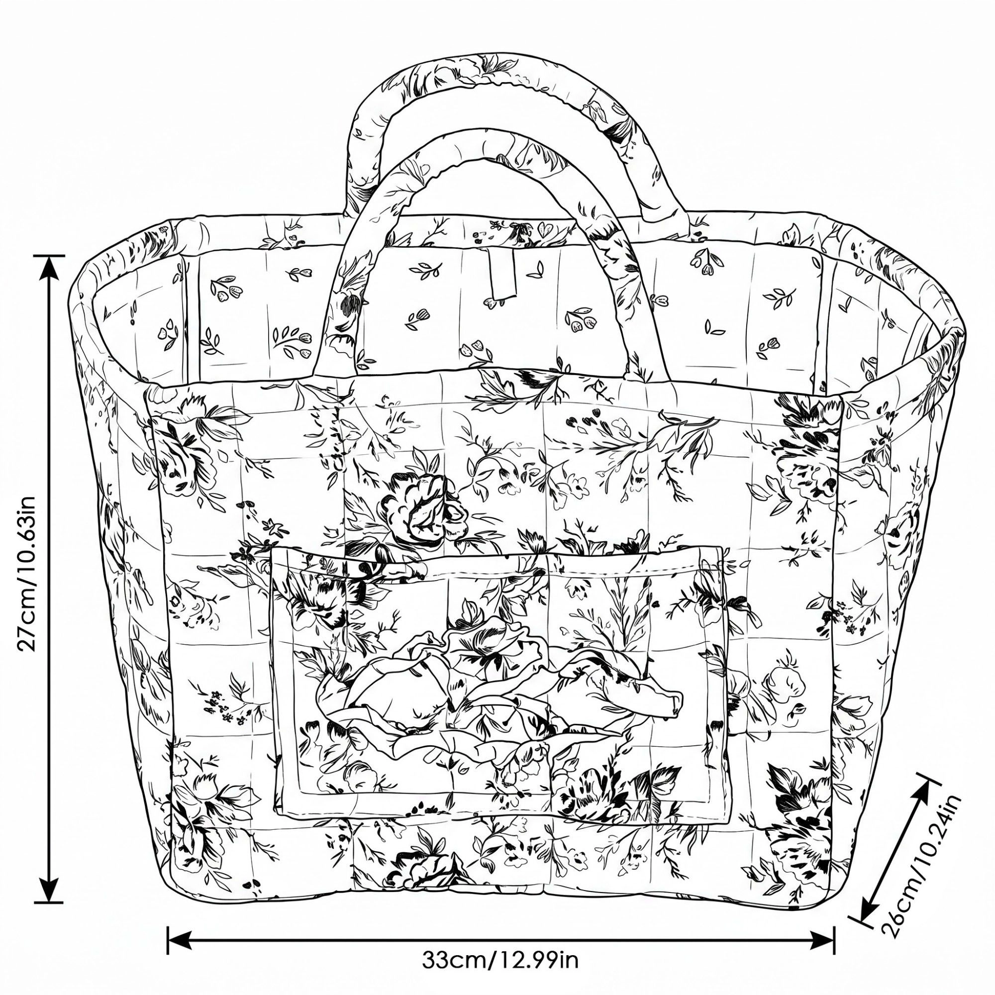 Alilang Unisex Quilted Floral Storage Basket with Handles and Front Pocket