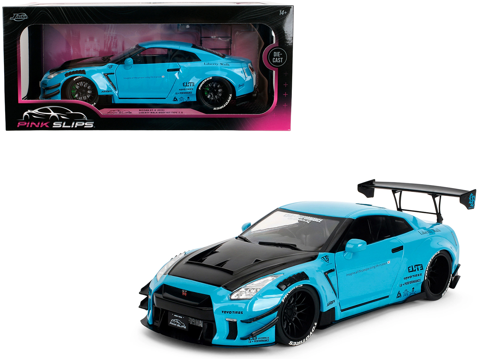Jada Nissan GT-R (R35) Liberty Walk Body Kit 2.0 RHD (Right Hand Drive) Blue with Black Hood "Pink Slips"