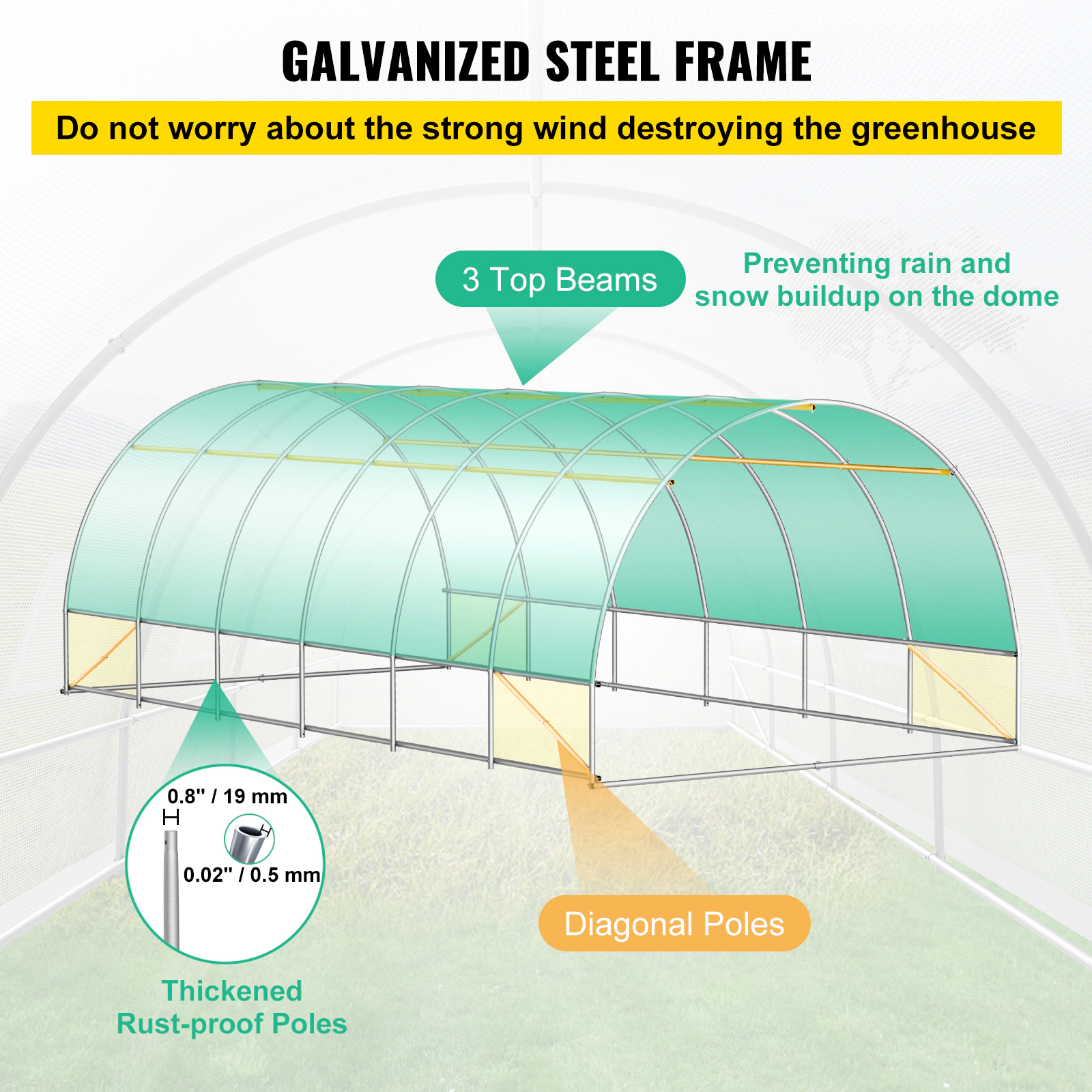 HONGGE Walk-in Tunnel Greenhouse 20 x 10 x 7 ft Portable Plant Hot House with Galvanized Steel Hoops 3 Top Beams