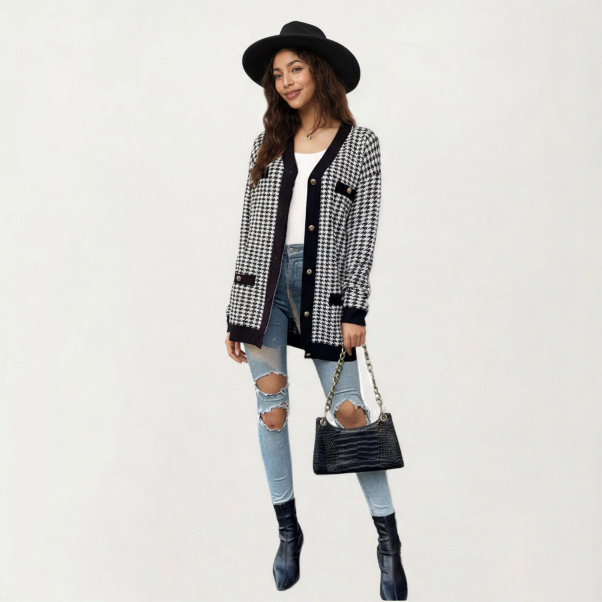 Anna-Kaci Women's Long Sleeve Houndstooth Knit Cardigan with Button Front and Pocket Detail