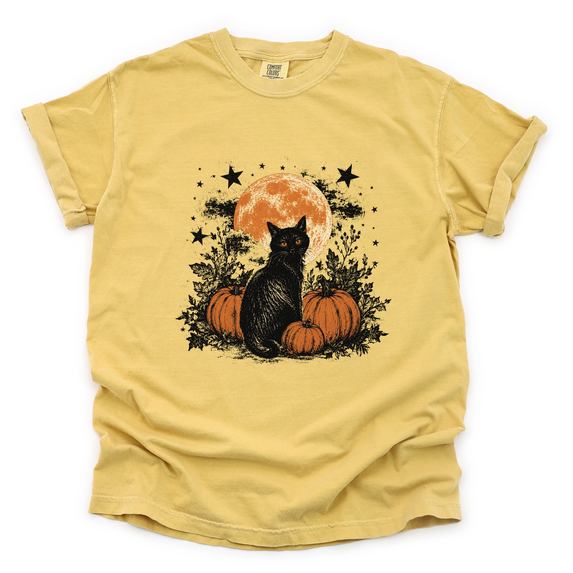 Simply Sage Market - Women's Garment Dyed Graphic T-Shirt Black Cat Pumpkins