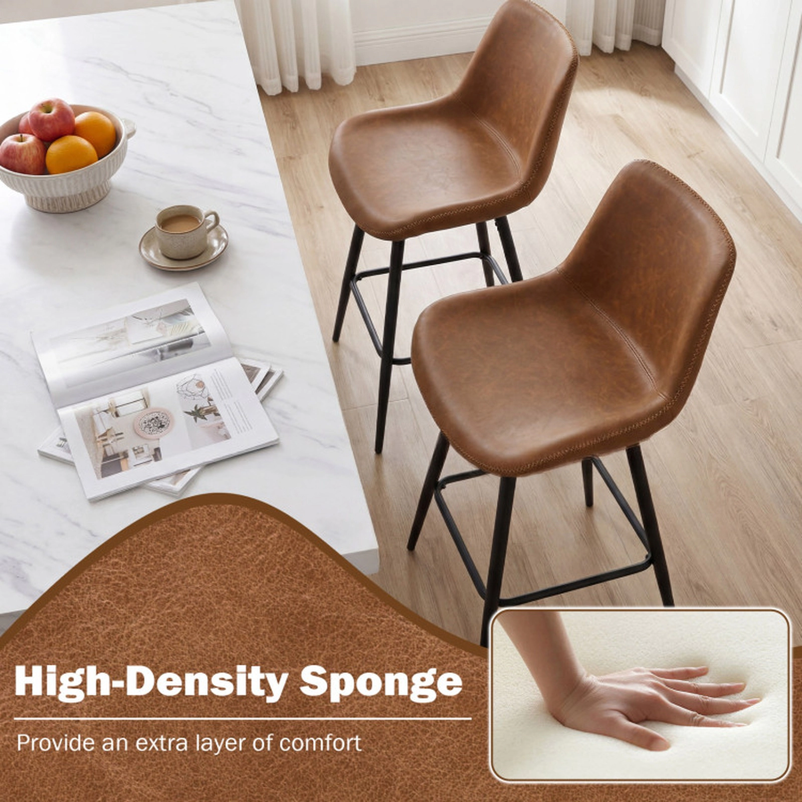 SUGIFT Brown Curved Backs Faux Leather Seats and Footrests Set of 4 24 Inch Bar Stool