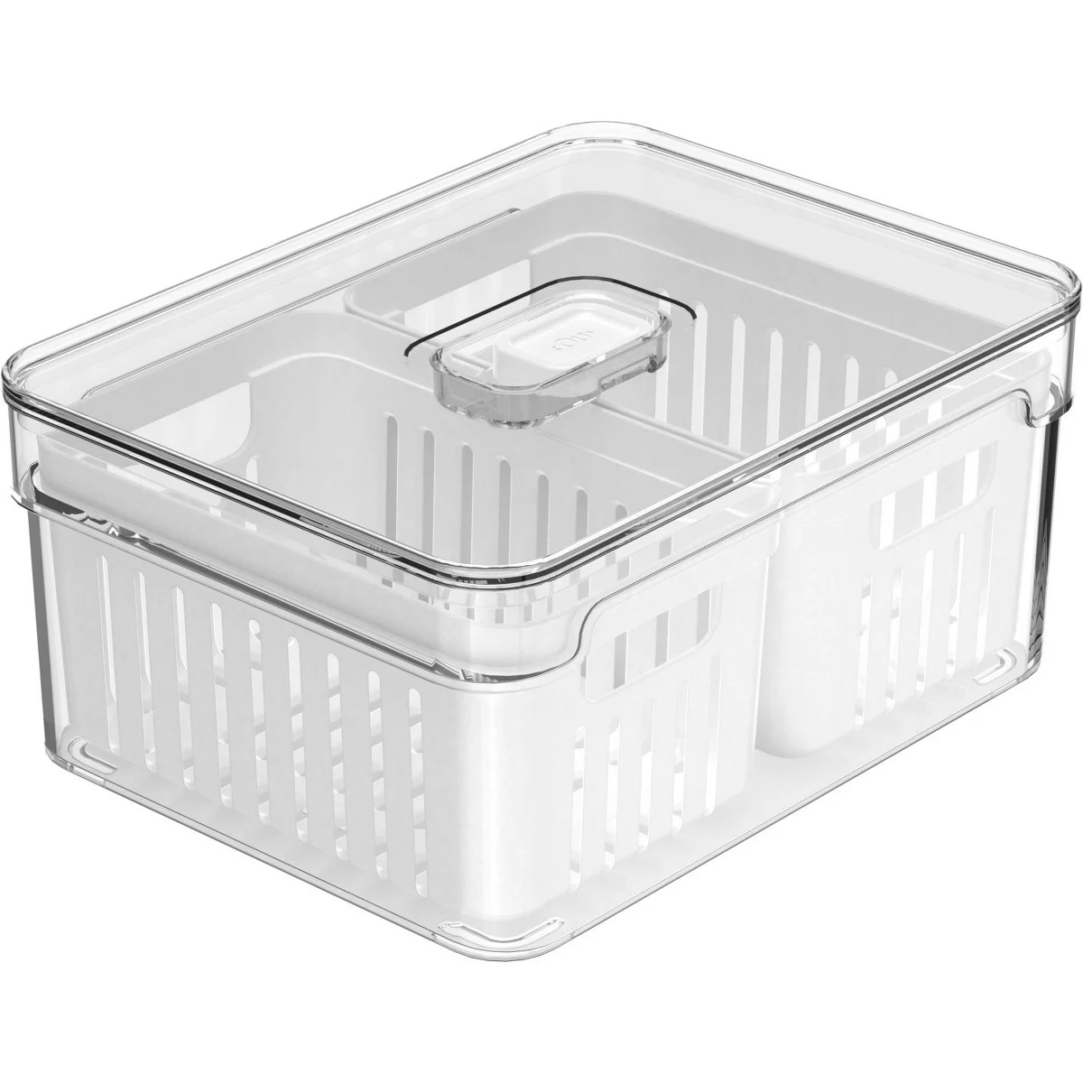 OU Fridge Organizer Bin w/ Drain Baskets & Vented Lid, 2.3qt Clear Stackable Refrigerator Storage Container, BPA Free