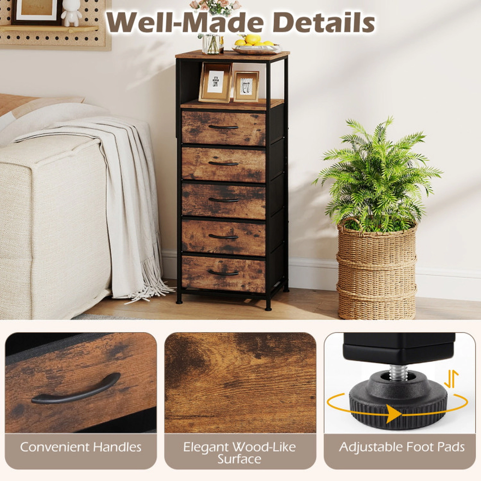 SUGIFT Nightstand Integrated Charging Station Modern Bedside Table 123-Lb Tabletop Capacity 39.4-in Tall Rustic Brown +