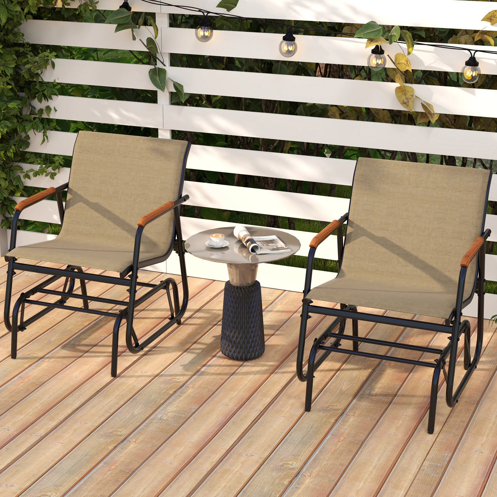 LJG Patio Glider Chair Set of 2 with Curved Teak Armrests and Breathable Fabric Seat