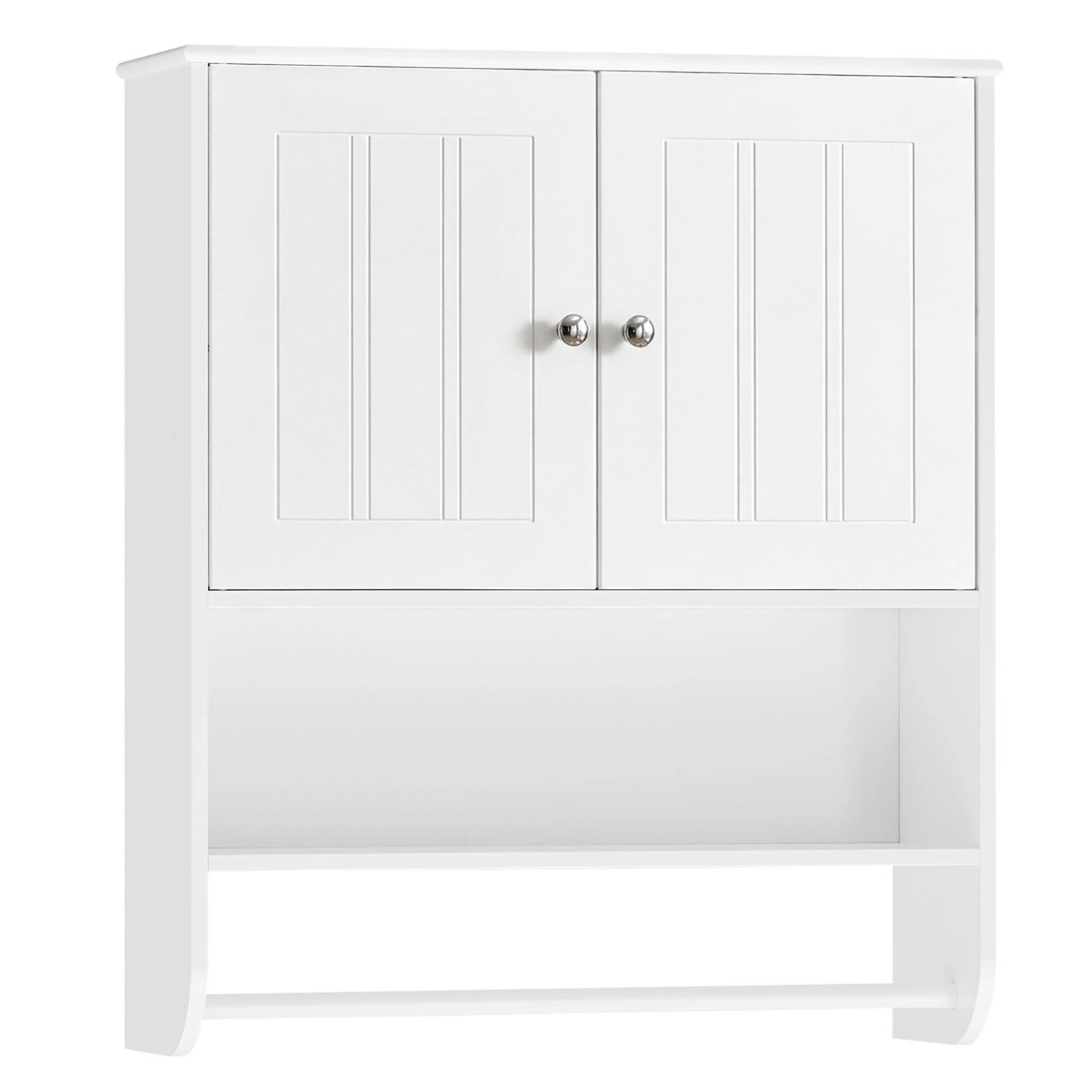 Slickblue White Bathroom Wall Cabinet with 2 Doors, Open Shelf and Towel Bar