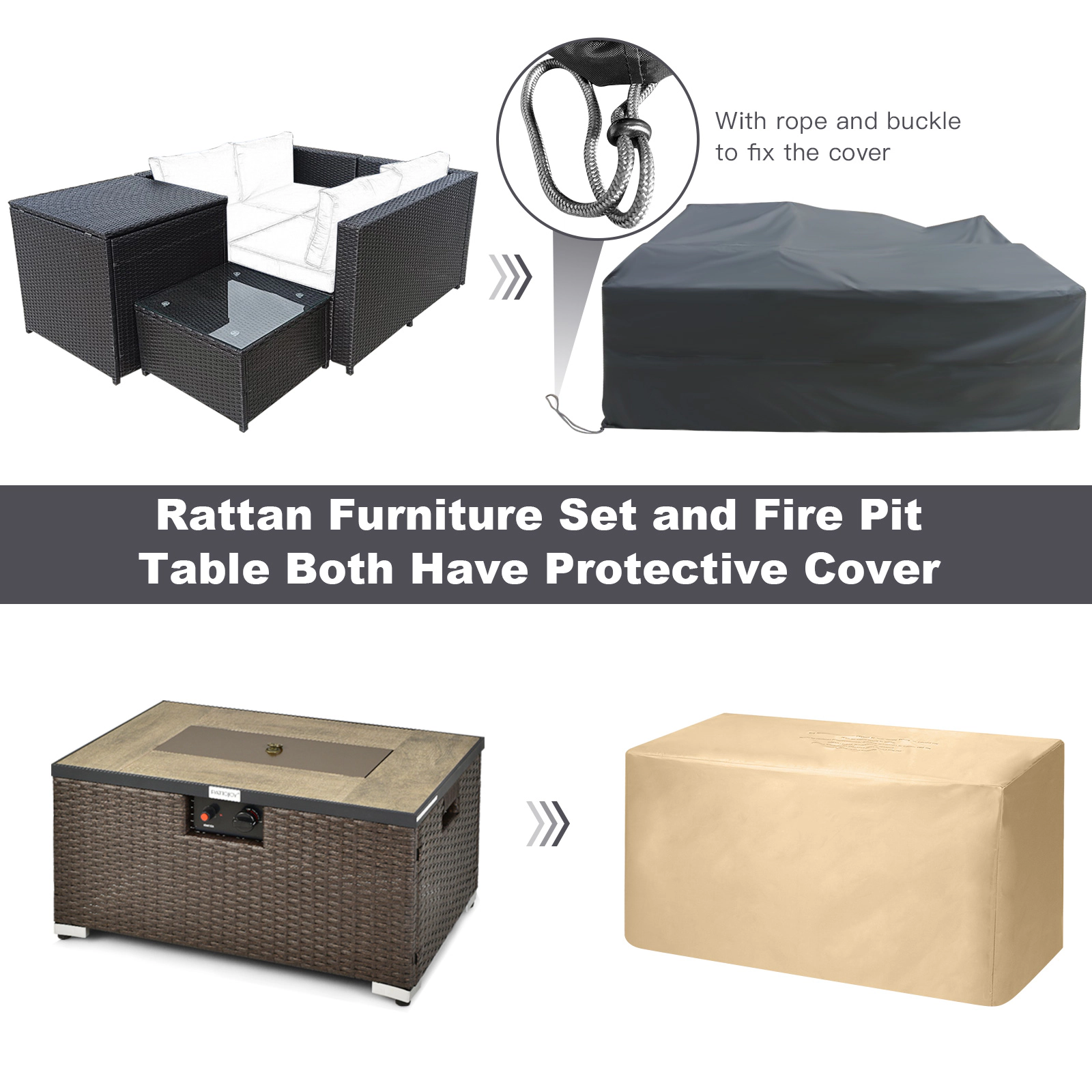 SUGIFT 6-Piece Turquoise Wicker Patio Set with 32-Inch Propane Fire Pit Table
