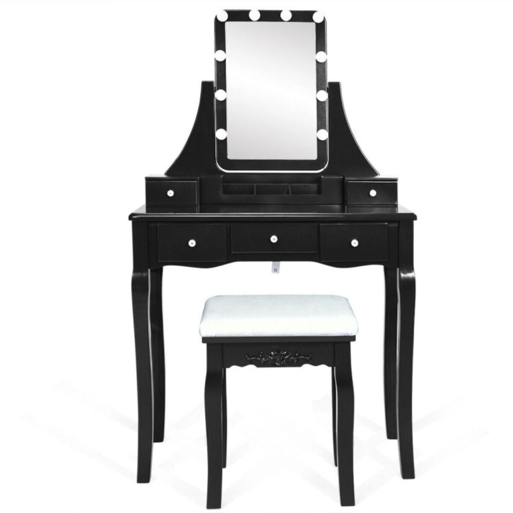Hivvago 10 Dimmable Light Bulbs Vanity Dressing Table With 2 Dividers And Cushioned Stool