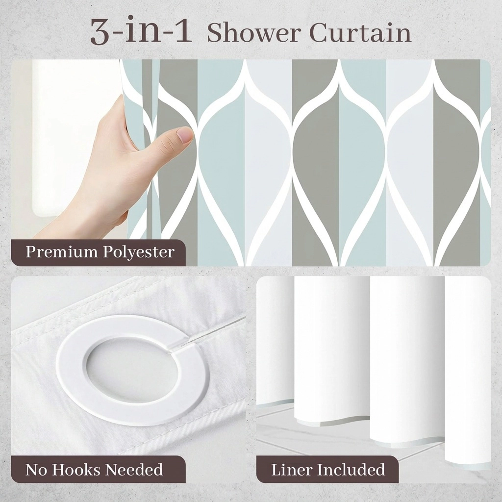 WZK Gray Geometric Snap In Liner Waterproof Machine Washable Hotel Style Shower Curtain Set