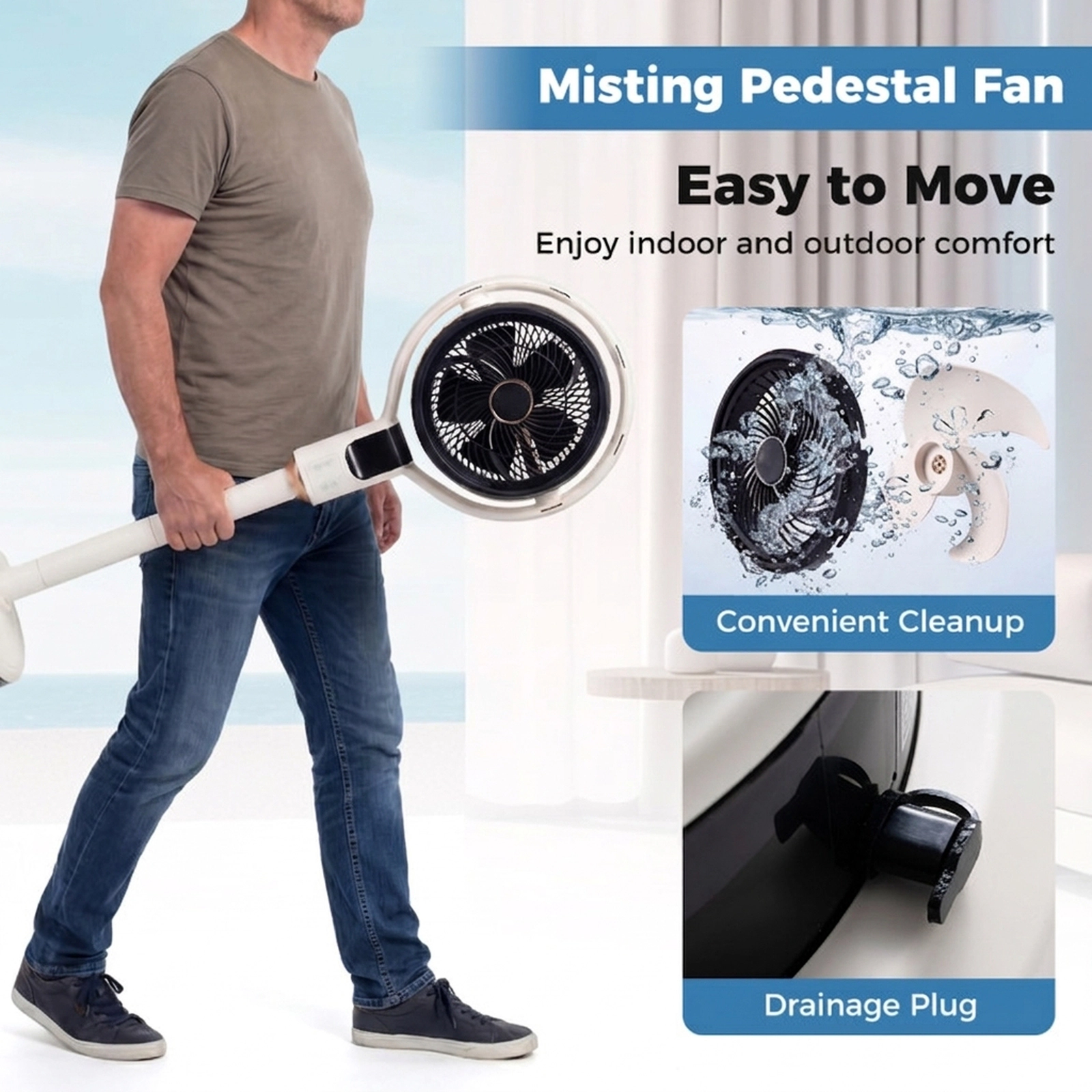 SUGIFT 2-in-1 Misting Pedestal Fan Air Circulator with 90° Auto Oscillation 8 Speeds White