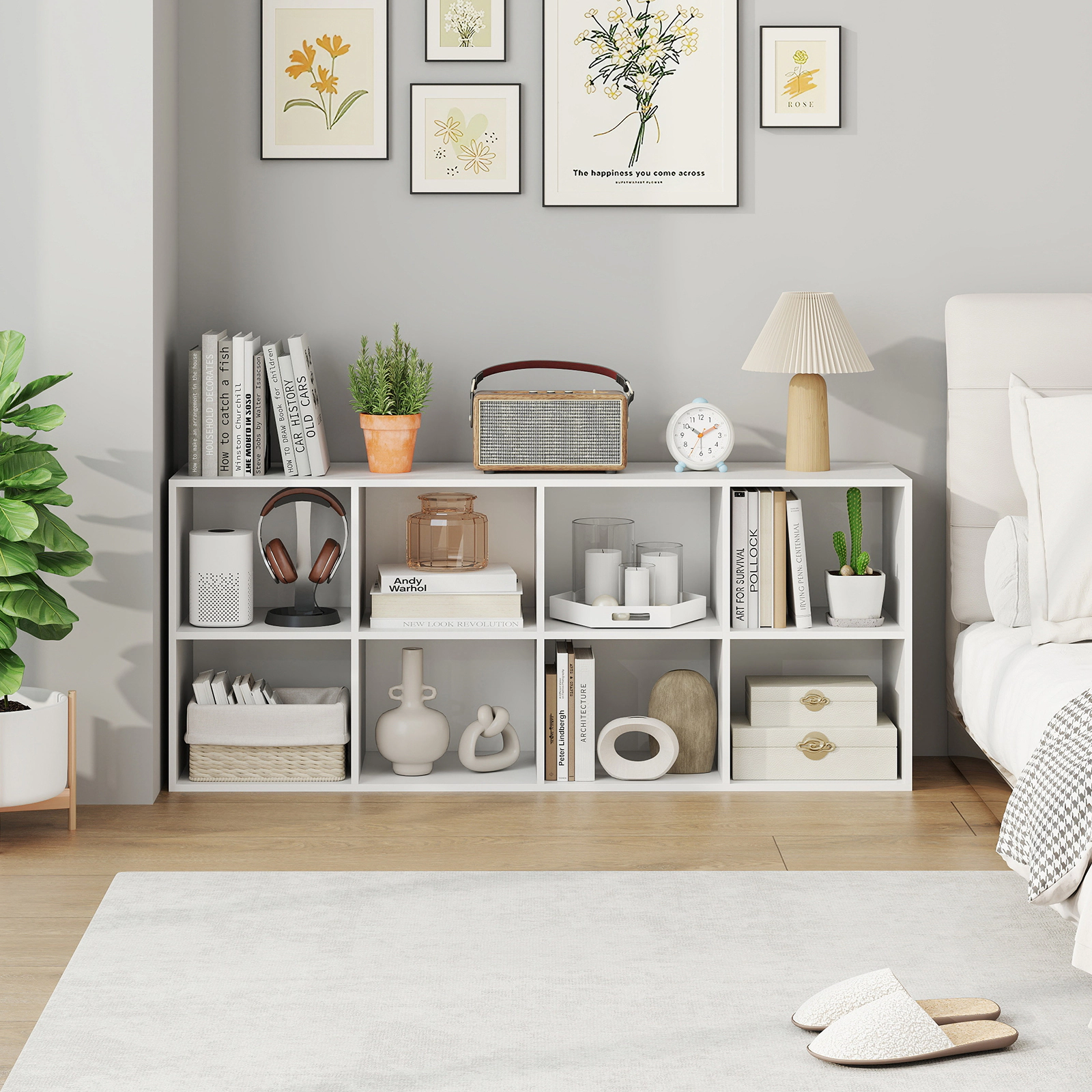 SUGIFT 8-Cube White 48-in Wide Cube Storage Organizer Bookshelf with 180-lb Top and 2 Anti-Tipping Kits