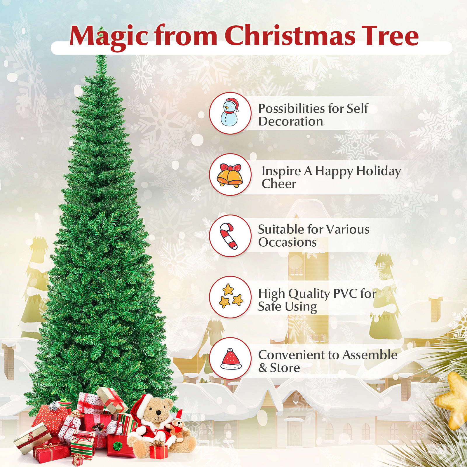 Costway 4.5/6.5/7.5ft Pre-Lit Hinged Pencil Christmas Tree 250 Multicolor Lights