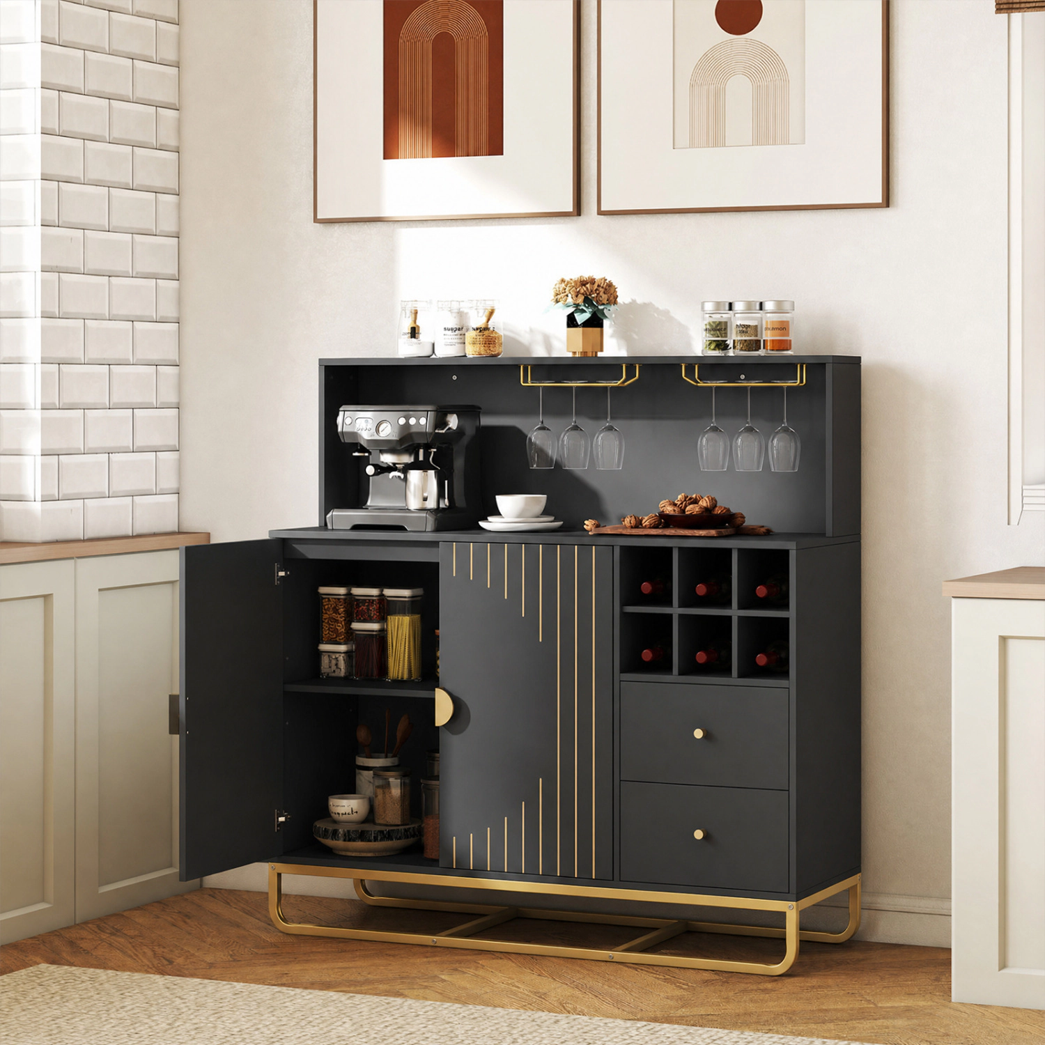 LJG Home Bar Cabinet with Wine Rack Glass Holder and Adjustable Shelf
