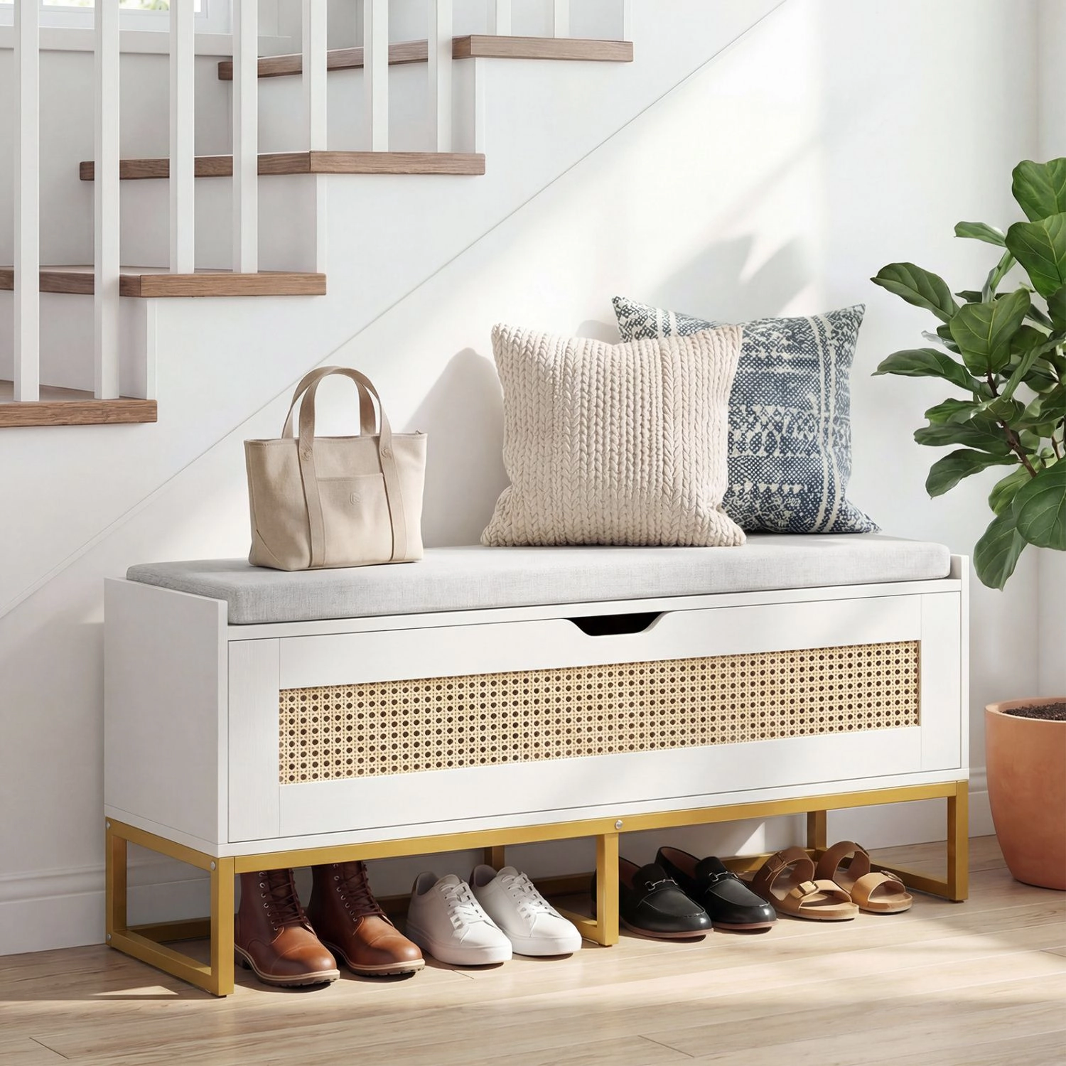 SlickBlue Entryway Storage Chest with Rattan, Flip Top and Shoe Space