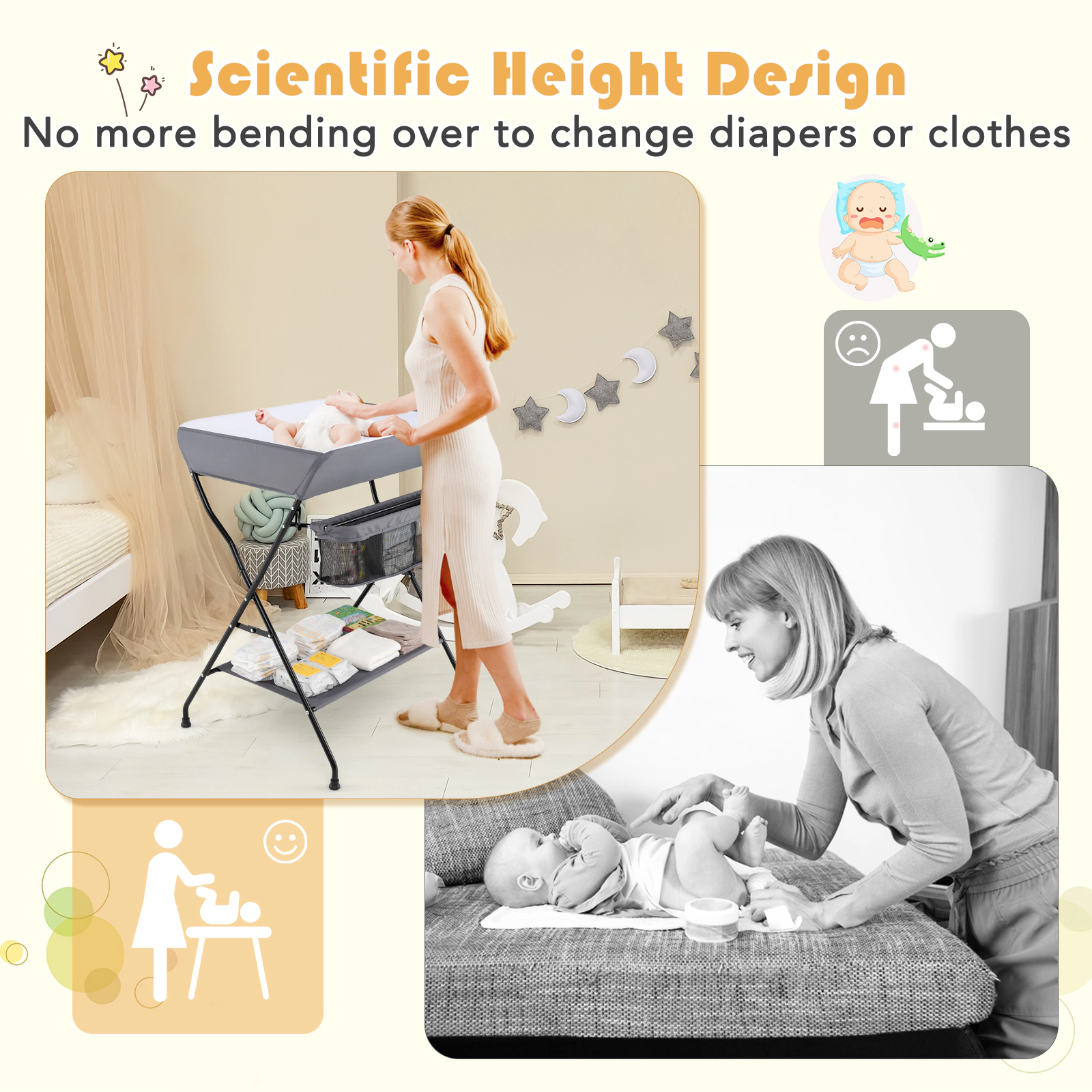 SUGIFT Folding Steel Baby Diaper Changing Table Storage 24-lb Capacity Ages 0-12 Months 31.5-in Long Black/Gray 1-Pc
