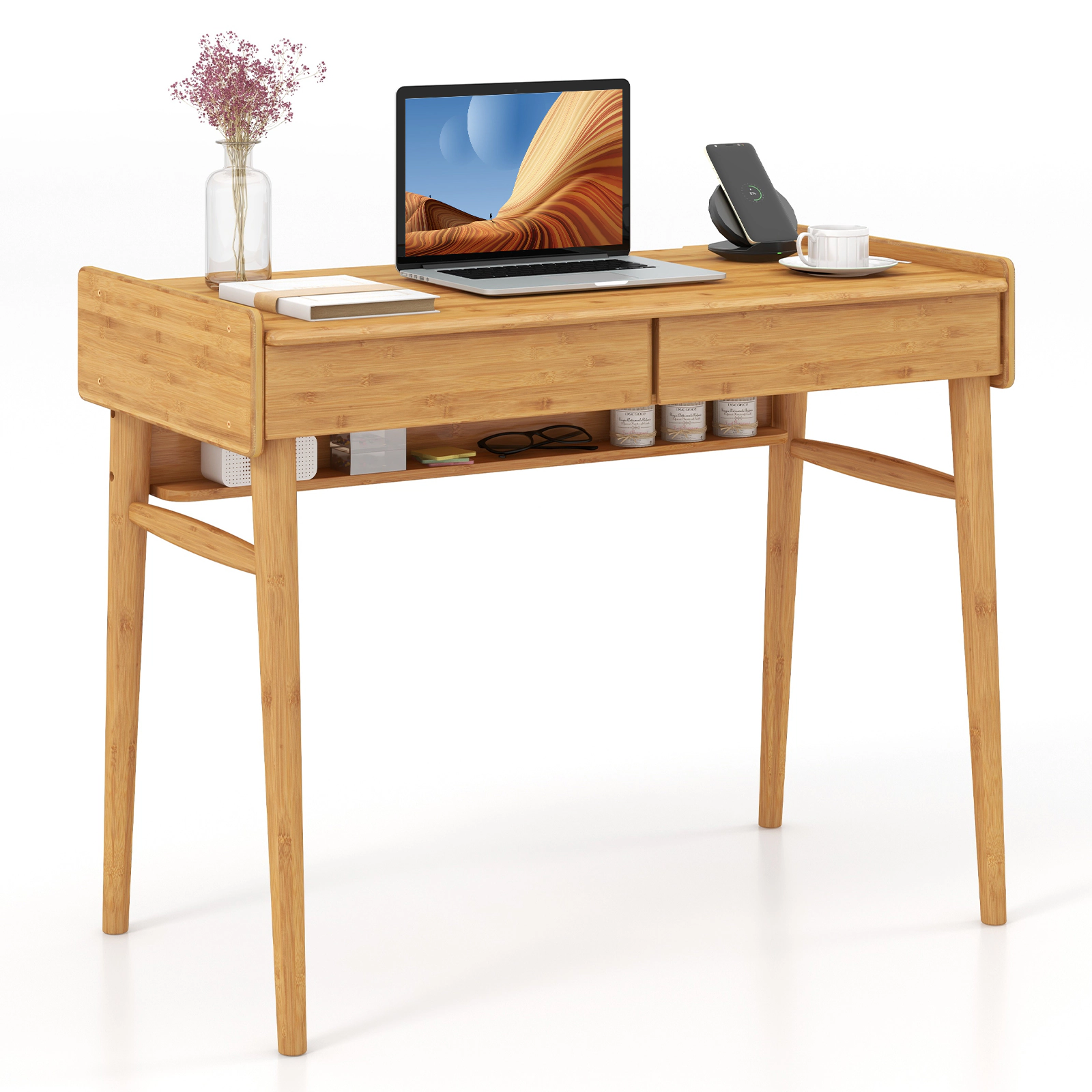 SUGIFT 39.5-in Natural Bamboo Writing Desk with 2 Drawers, Shelf and Cable Management