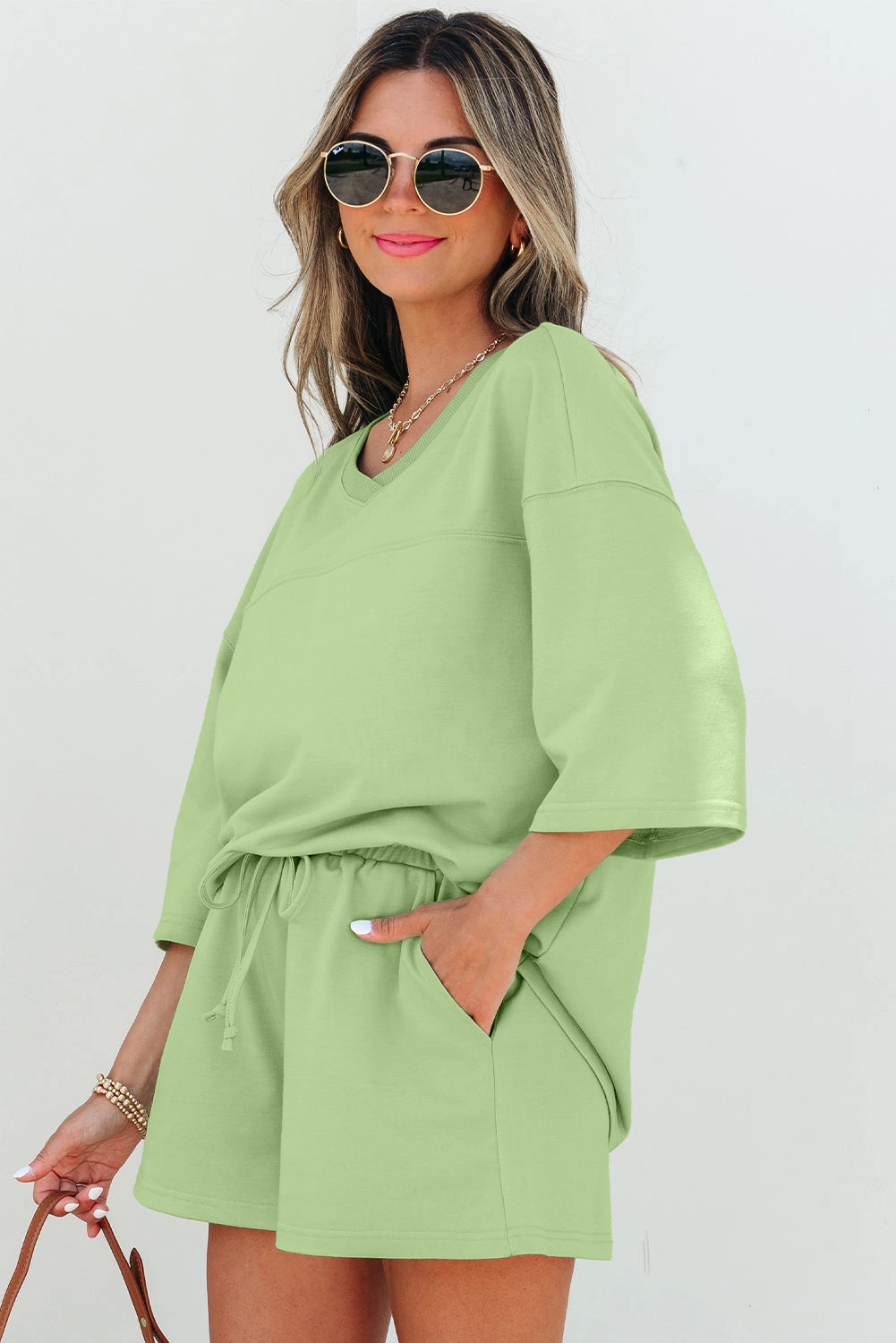 Threaded Pear Women's Emmeline Loose V Neck Half Sleeve Tee and Shorts
