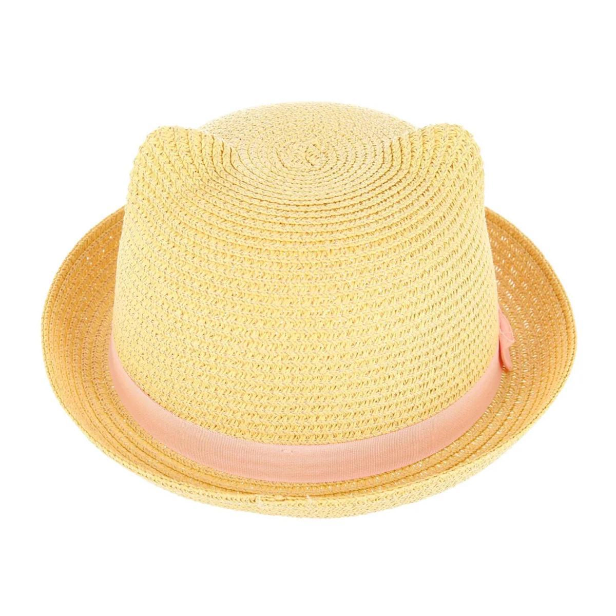 CTM Girl's Smiling Kitty Face Straw Sun Hat