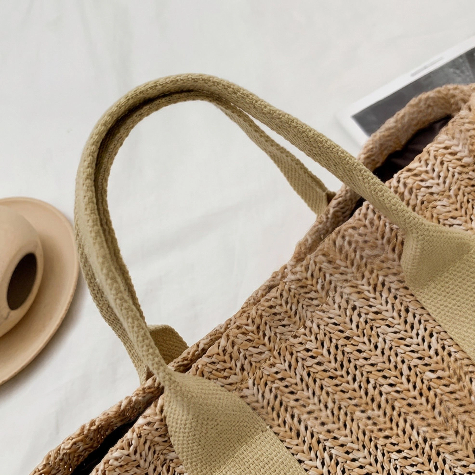Alilang Women's Woven Straw Tote Bag with Wide Shoulder Straps Lightweight Crochet Knit Small Bag, Khaki