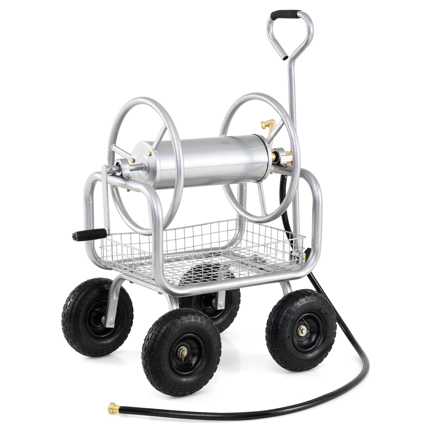 LJG Garden Hose Reel Cart 300 Feet Large Capacity with 4 Wheels and Storage Basket