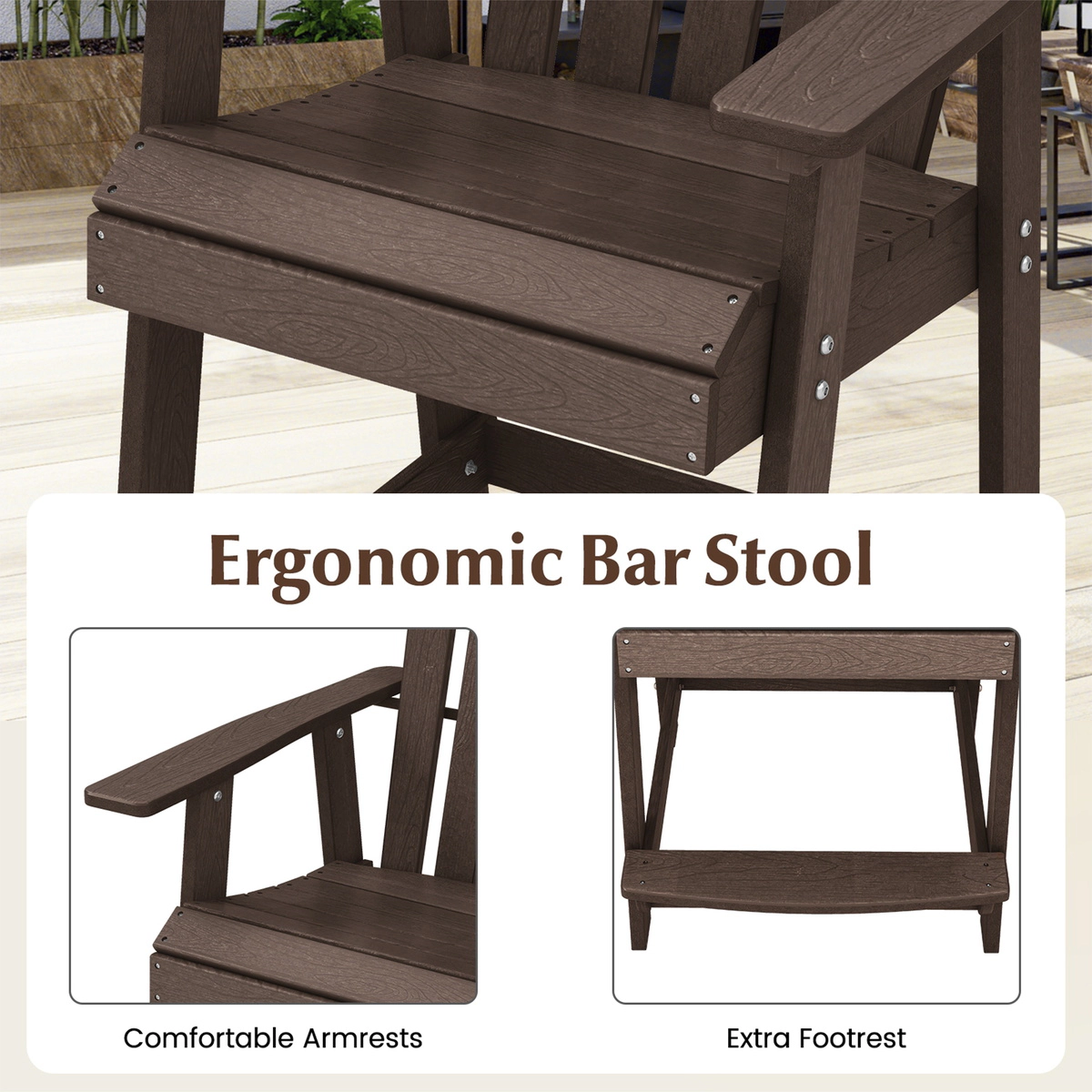 SUGIFT HDPE Faux Wood Grain Patio Adirondack Chair with Armrest and Footrest 330-Lb Capacity Brown