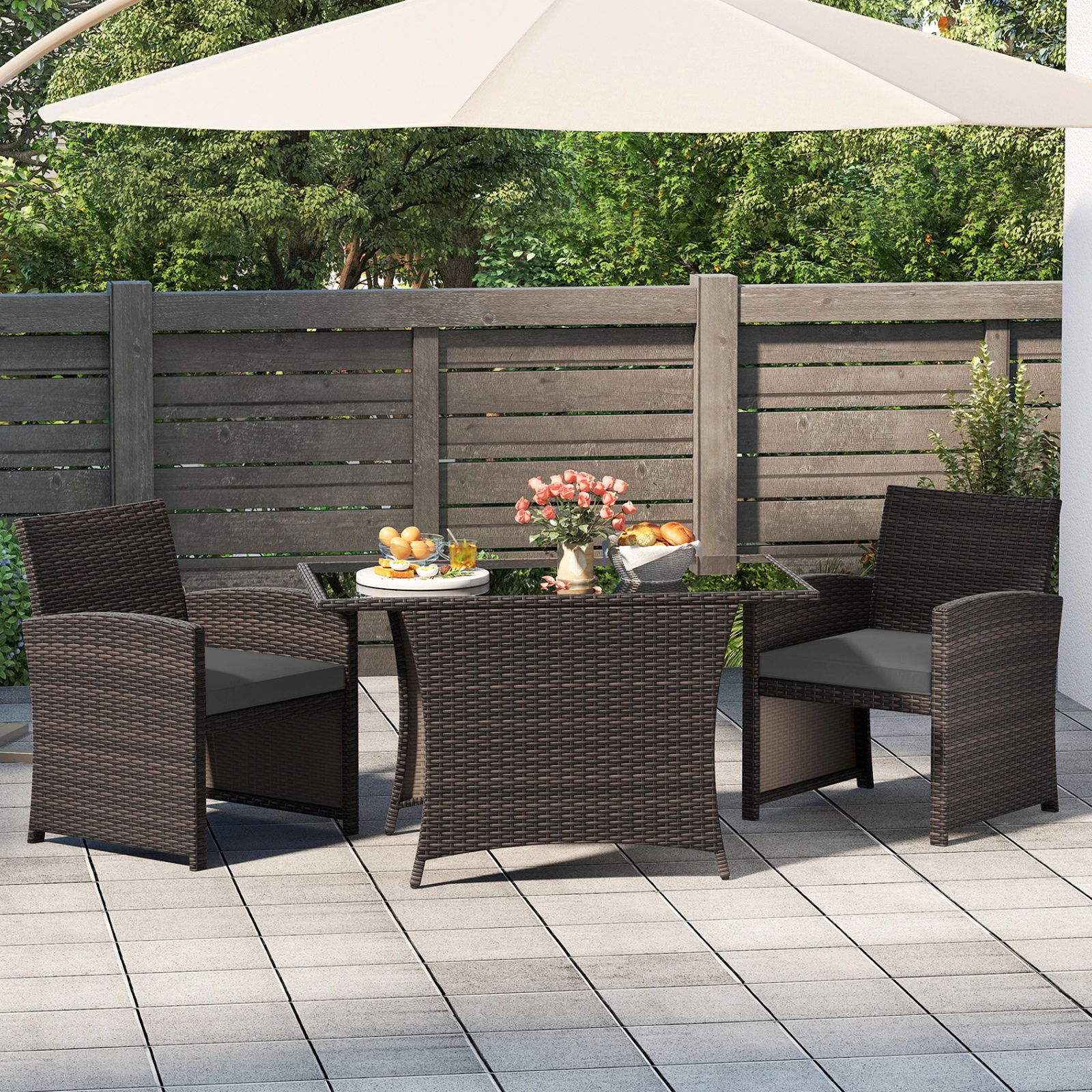 SUGIFT 3-Piece Gray Wicker Patio Dining Set, 44-In Tempered Glass Table and 2 Cushioned Chairs