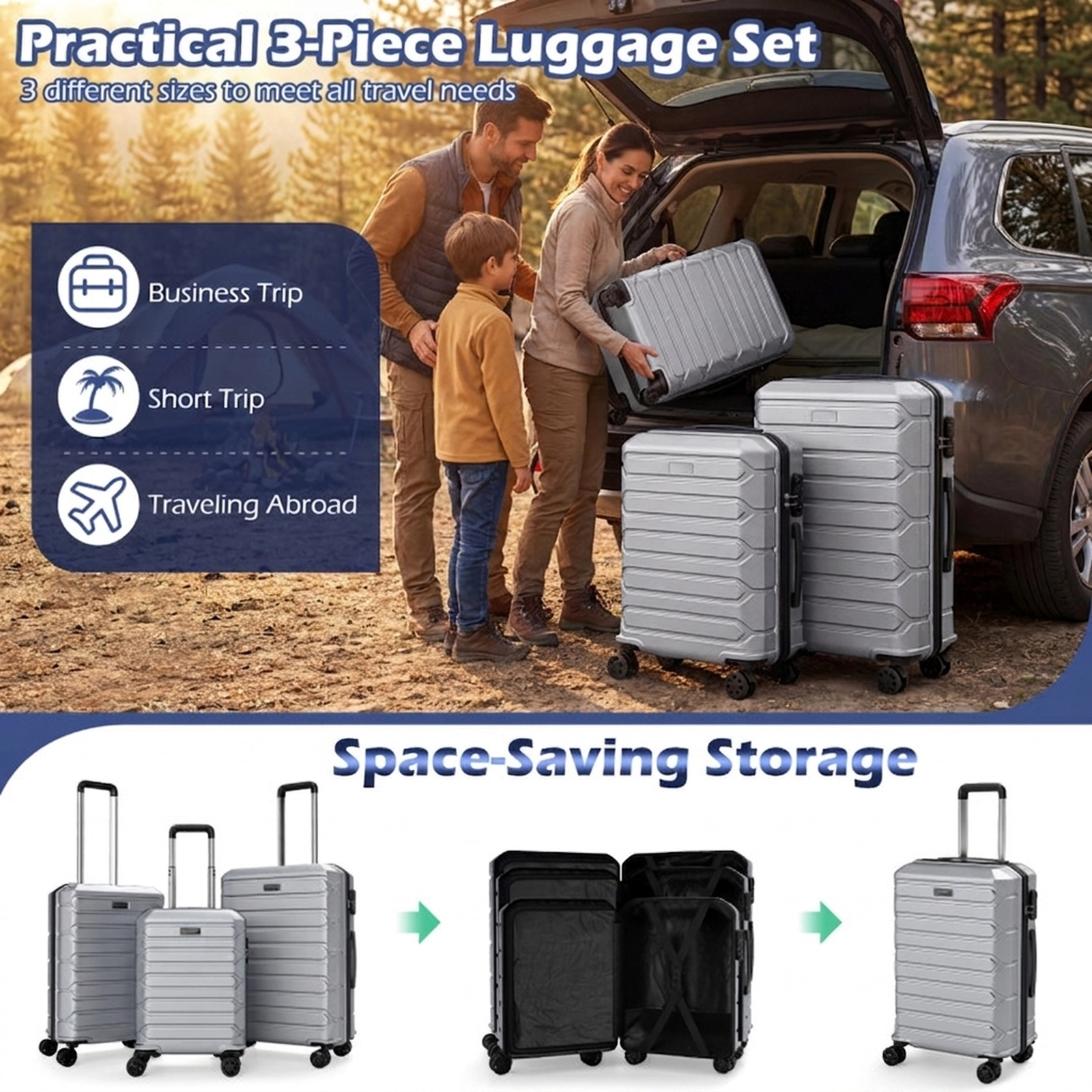 SUGIFT Lightweight 3-Piece Hardside Luggage Set with 8-Spinner Wheels Gray